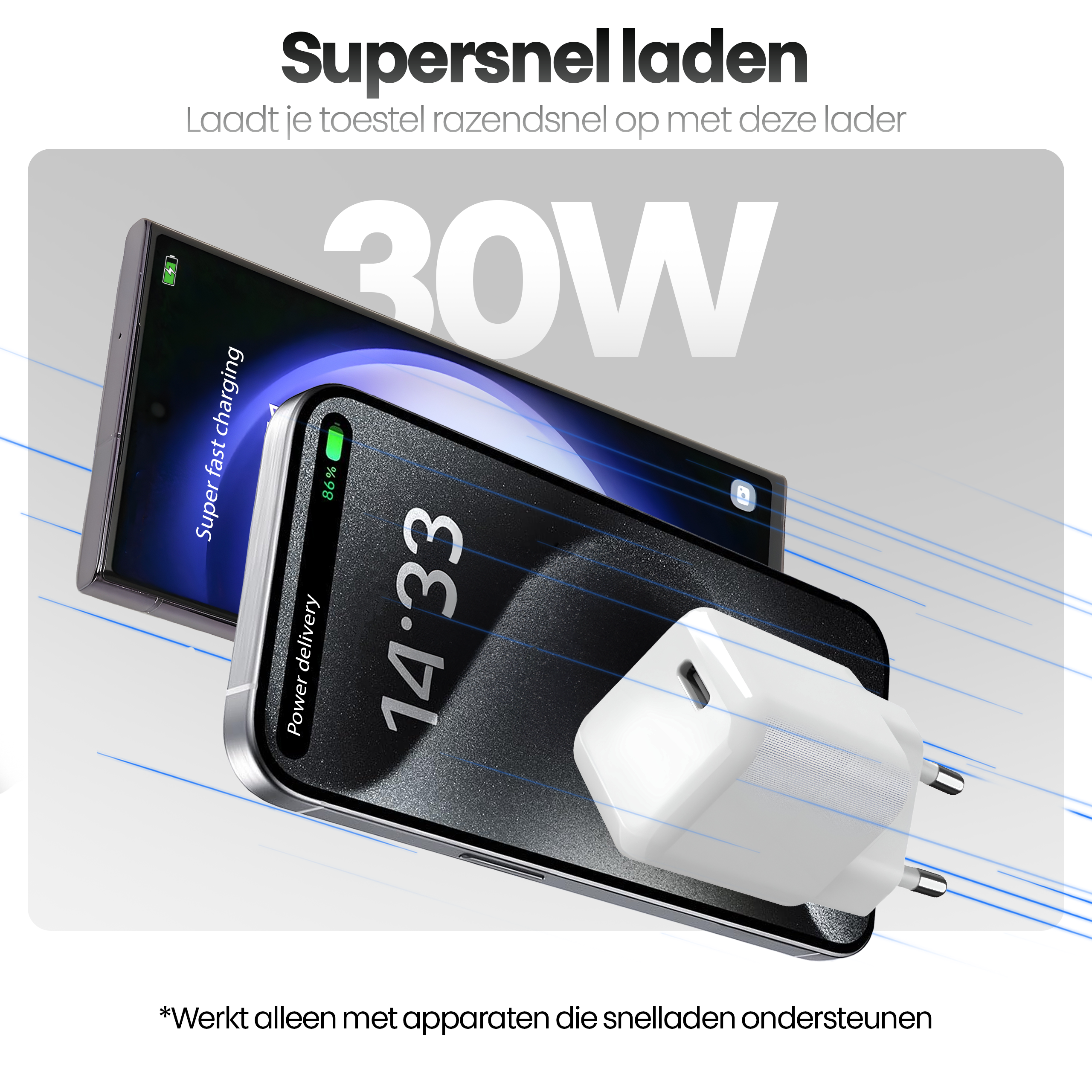 Afbeelding toont een telefoon die oplaadt met een 30W oplader. Het scherm toont 86% batterij en 14:33.