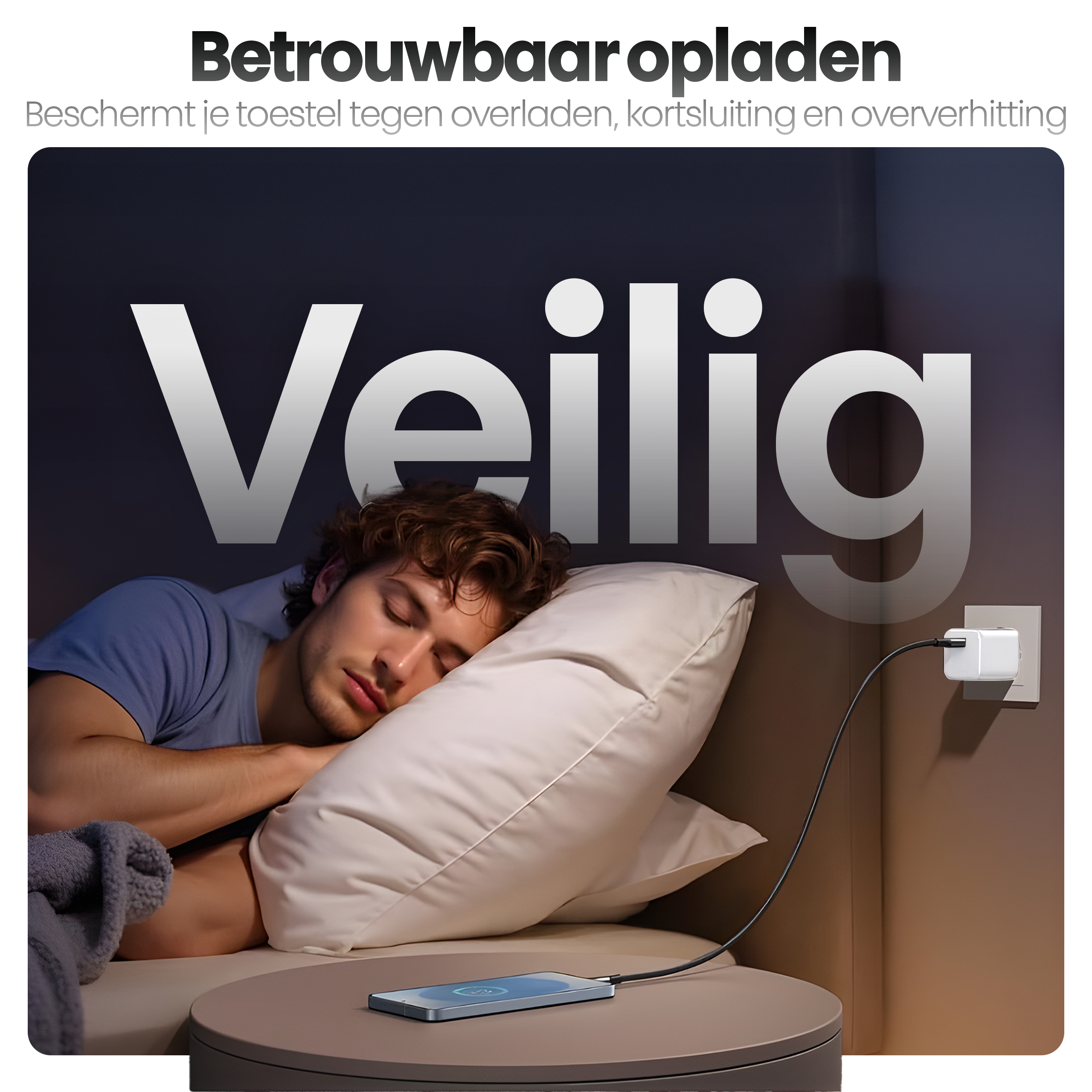 Man die naast een oplaadtelefoon slaapt. Oplader is in de muur gestoken. Veilig oplaadconcept.