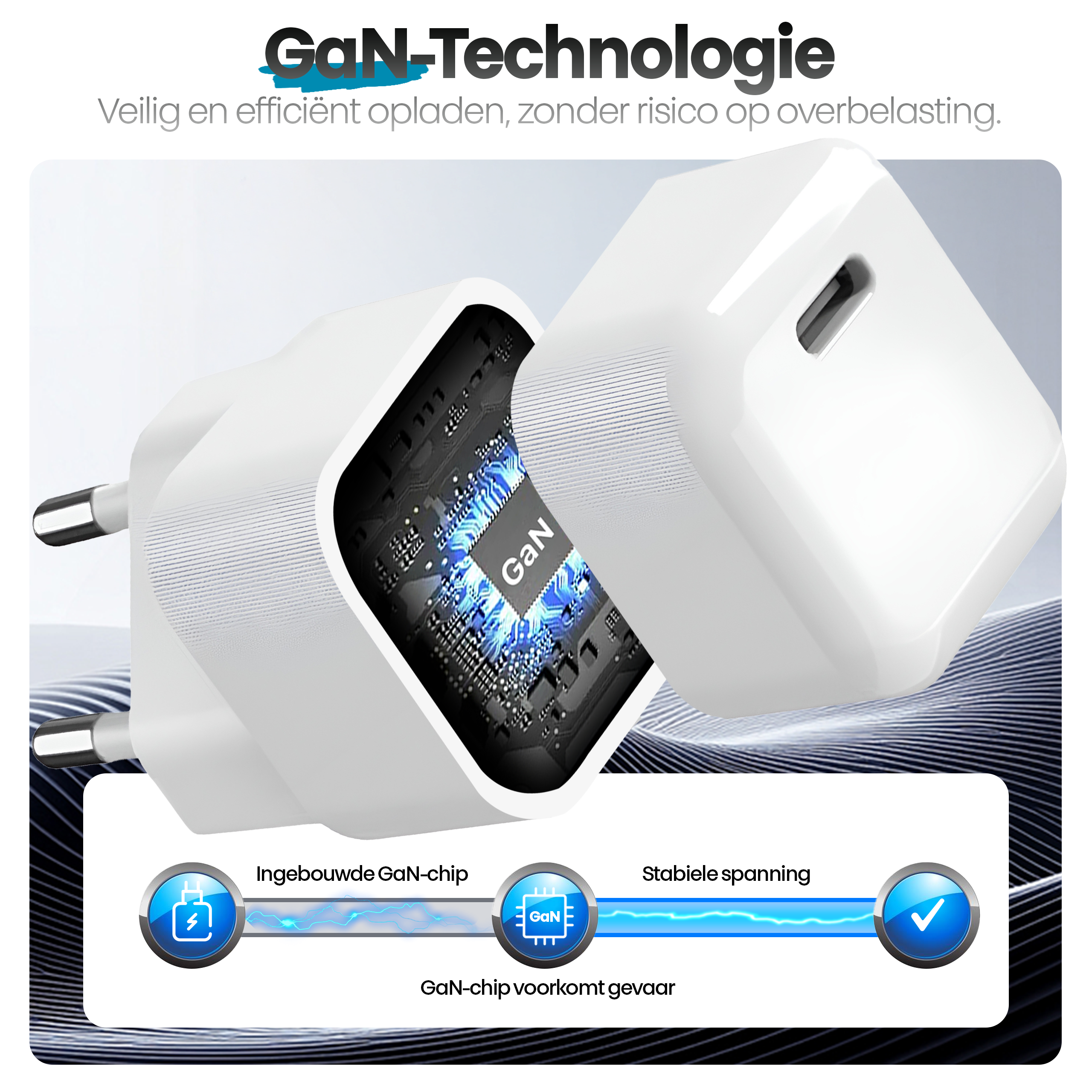 Witte oplader met GaN-logo. Tekst: veilig en efficiënt opladen zonder overbelasting. Toont GaN-chip.