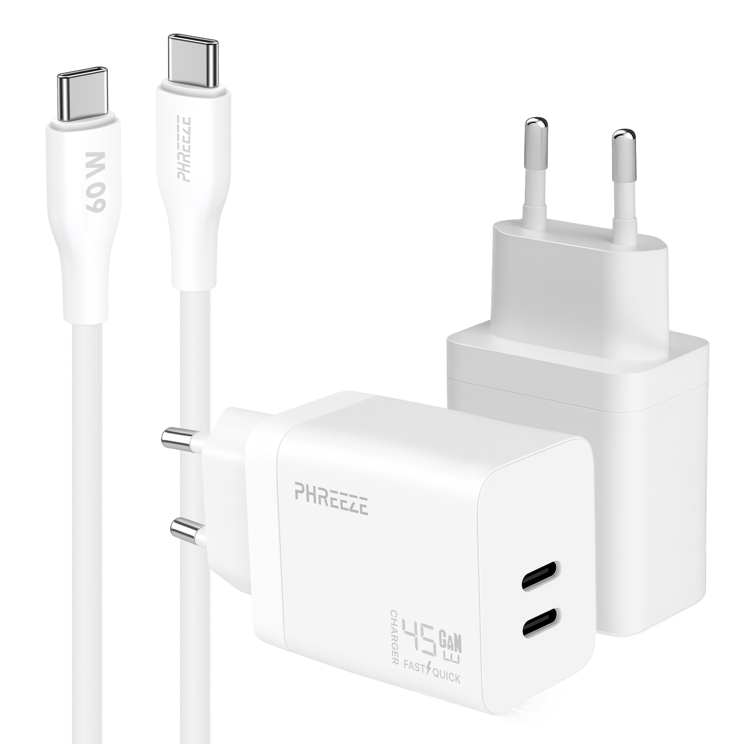 White phone charger and cables. The charger has two USB-C ports. Cables and charger have 'PHREEZE' branding.