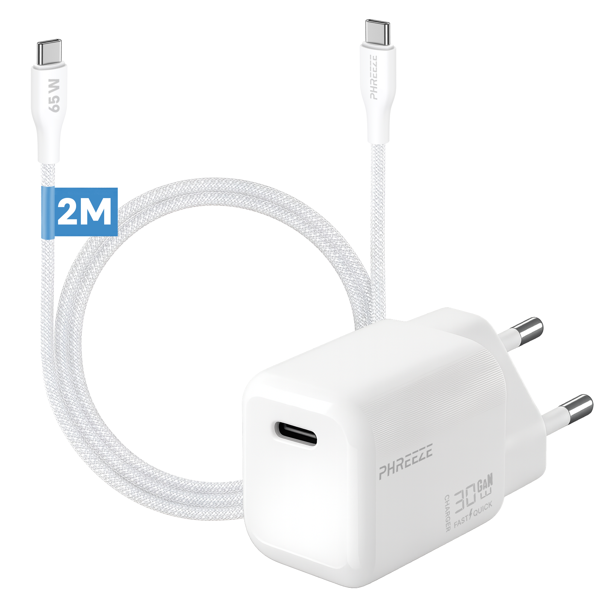 Een witte oplader met een USB-C-kabel. Hij heeft een kabellengte van 2M. De oplader is gemarkeerd met 30W Fast Quick.