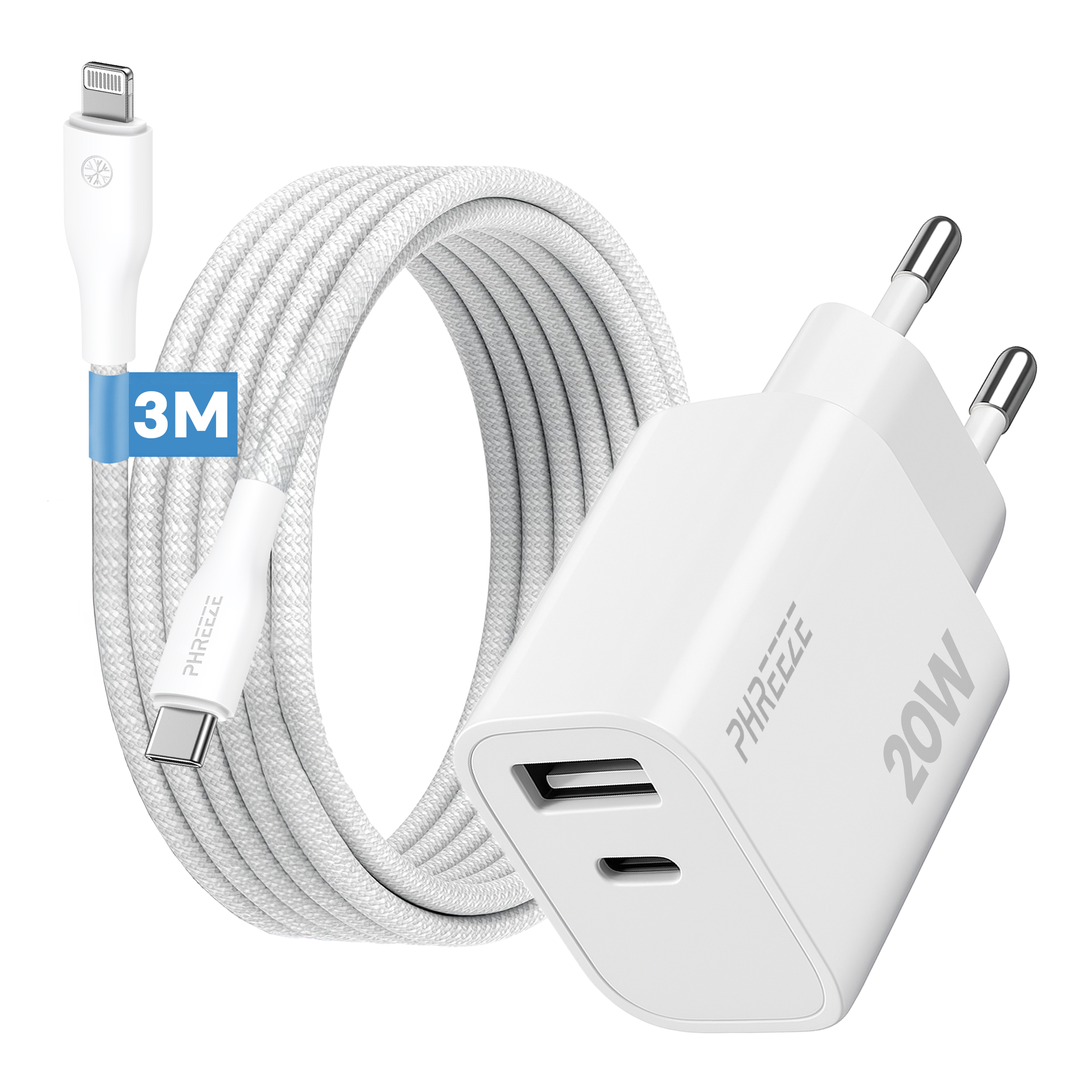 Witte oplader en kabel. De kabel is wit met een 3M-label. De oplader heeft twee poorten en een 20W-label.