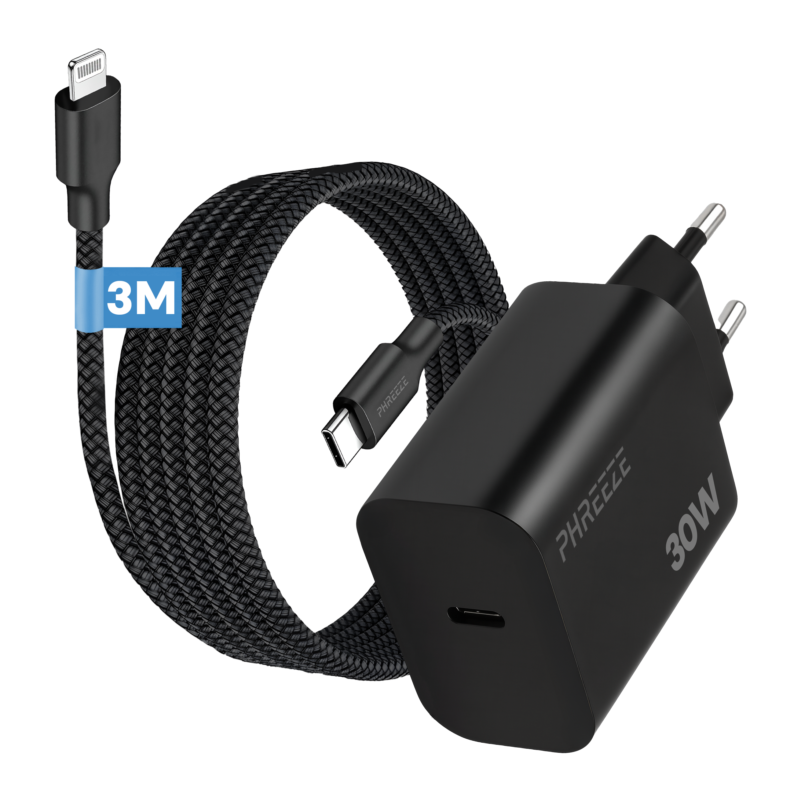 Zwarte oplader met een gevlochten kabel en een Lightning-connector. De oplader is gemarkeerd met 'PHREEEZE' en '30W'.