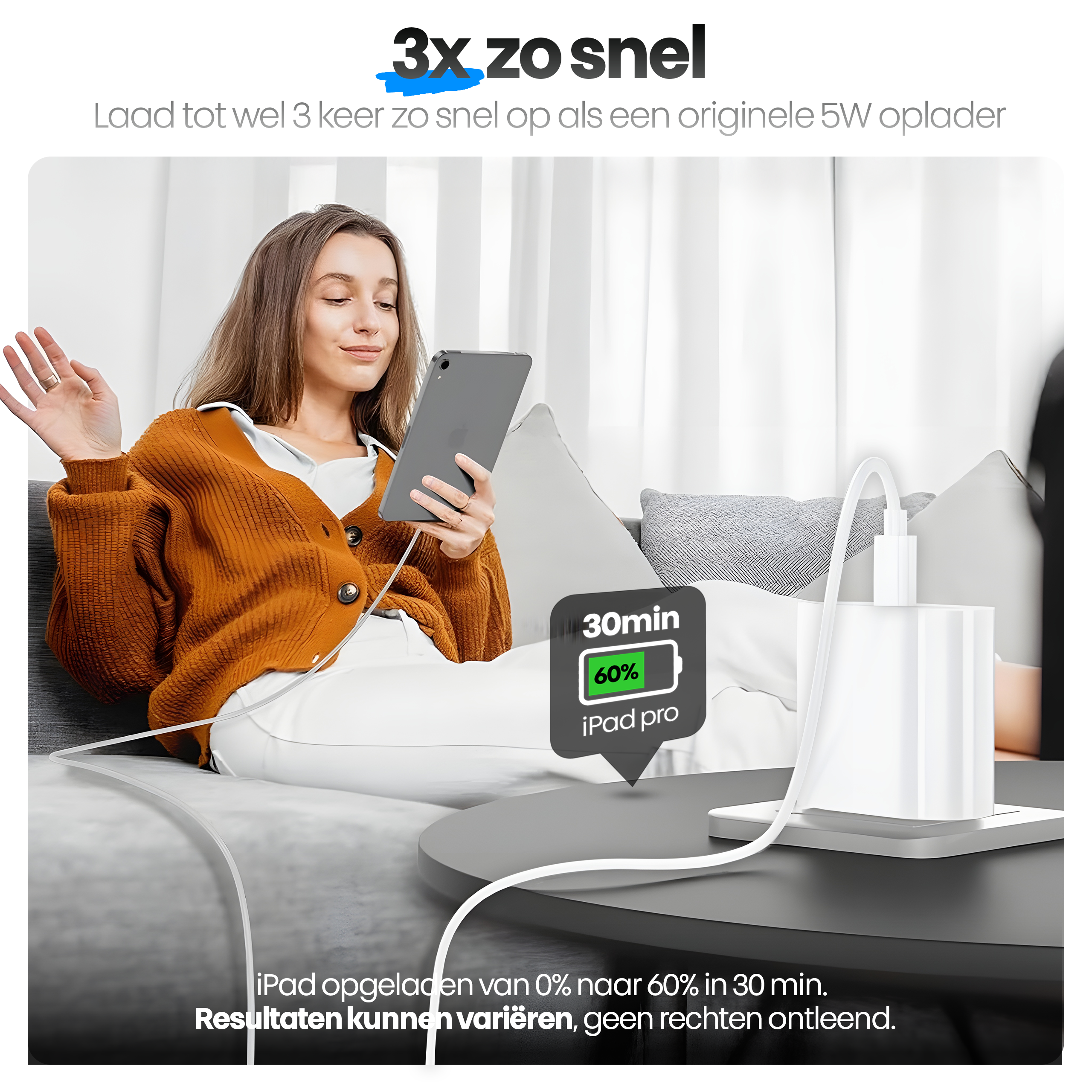 Vrouw op een bank gebruikt een iPad, aangesloten op een oplader. Tekst geeft een lading van 60% in 30 minuten aan.