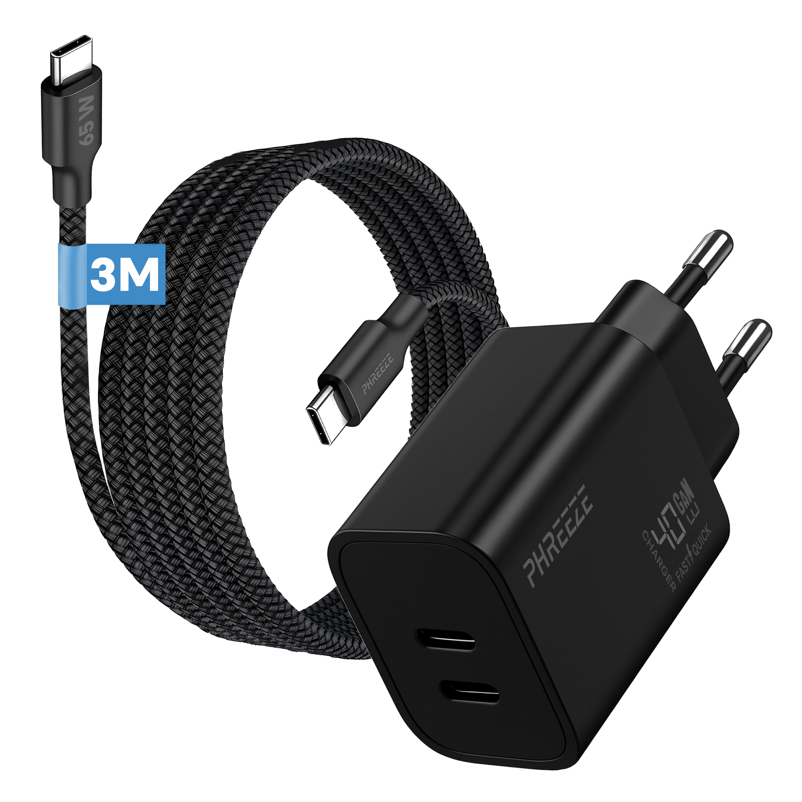 Zwarte oplader met een gevlochten kabel. De oplader heeft twee USB-C-poorten en een stekker. De kabel heeft een 3M-label.