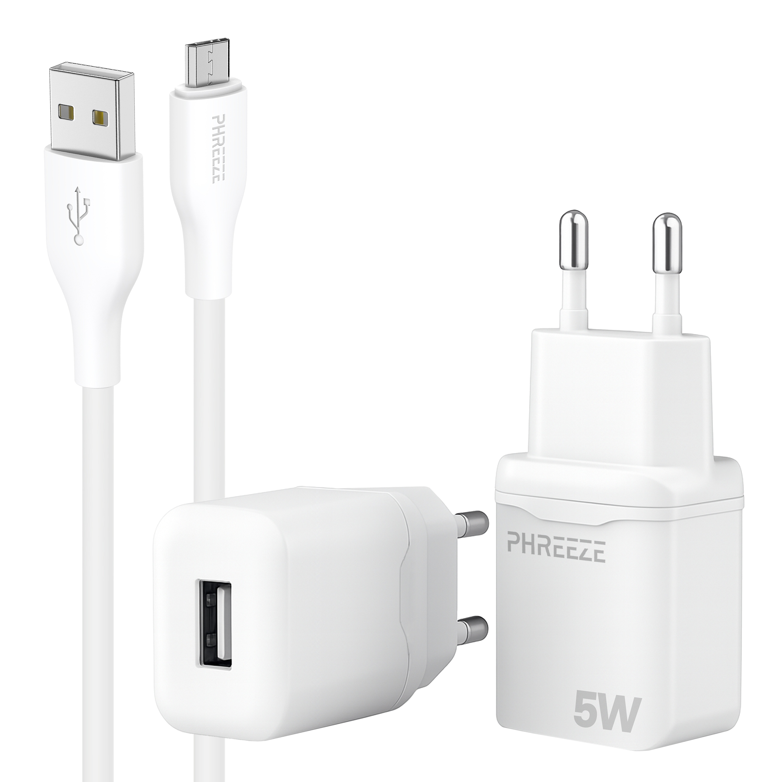 Witte USB-laders en -kabels. Inclusief een USB-stekker, een micro-USB-stekker en twee voedingsadapters. Alle items zijn wit.