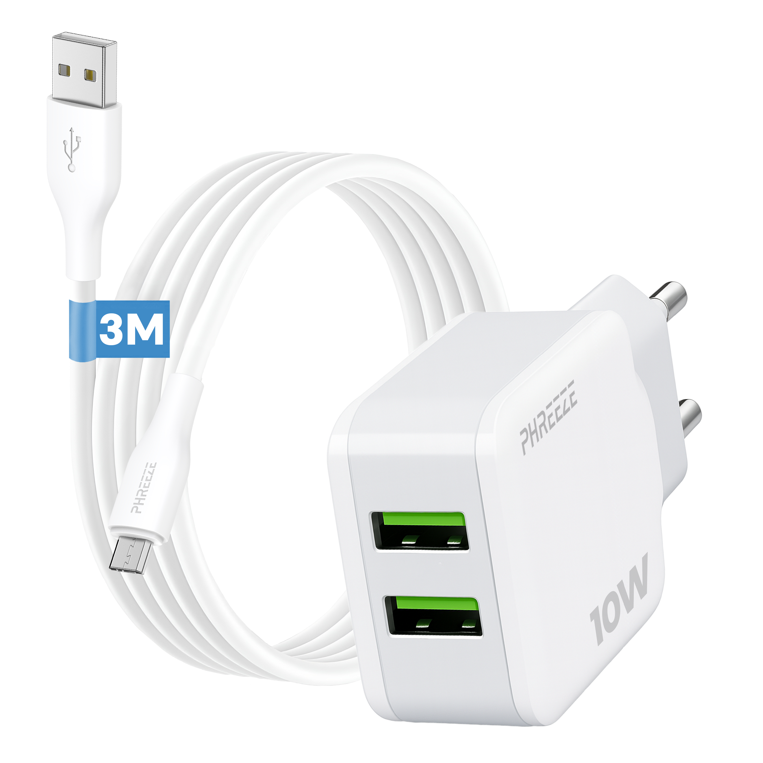 Witte oplader met USB- en micro-USB-aansluitingen. De oplader heeft twee groene poorten en een label van 10W. De kabel is wit.