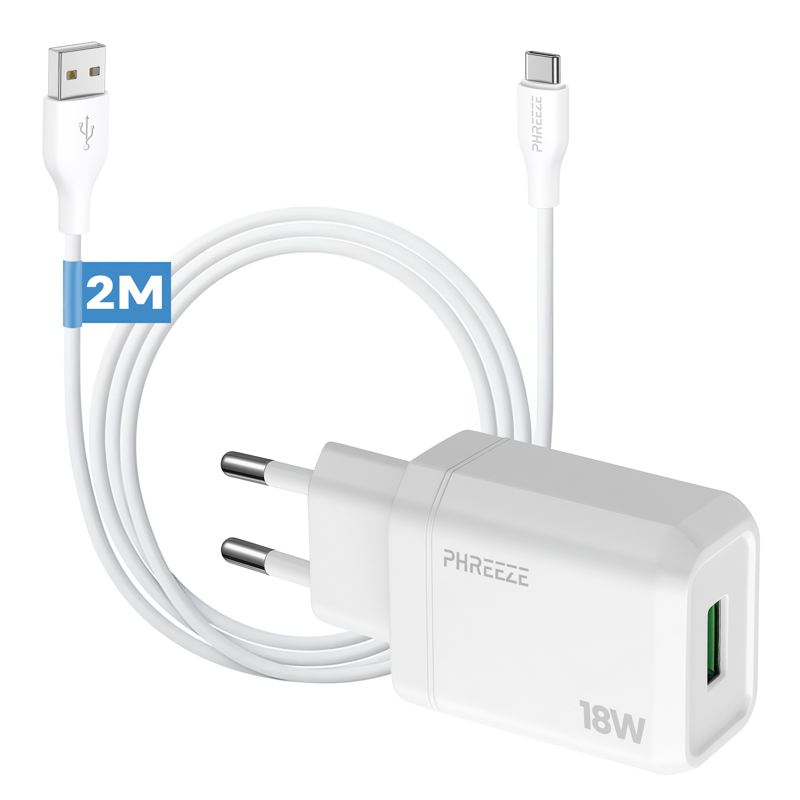 Witte oplader met USB- en Type-C-kabels, 2M lengte en 18W vermogen.