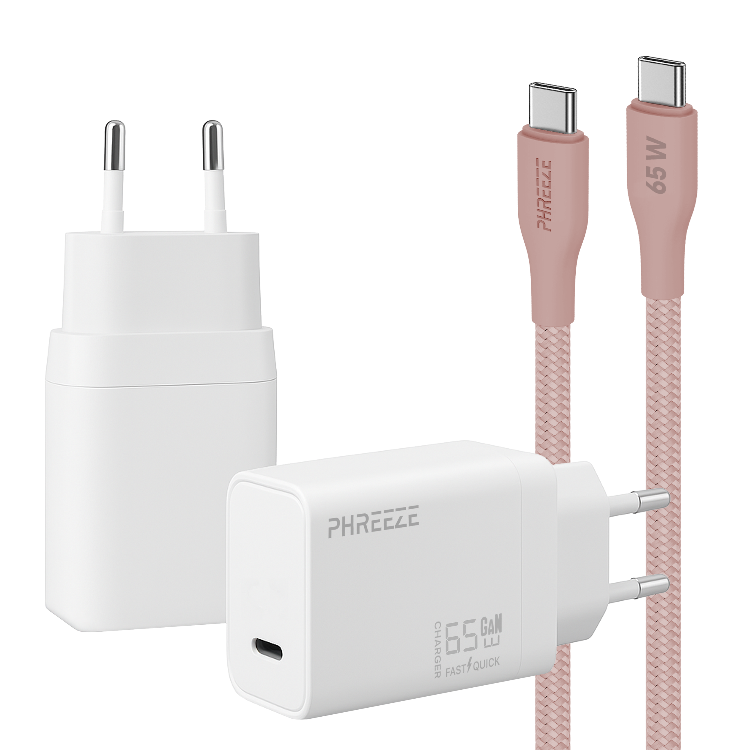 Afbeelding toont een witte oplader en voedingsadapter, met een roze USB-C-kabel. De oplader heeft het merk PHREEEZE.
