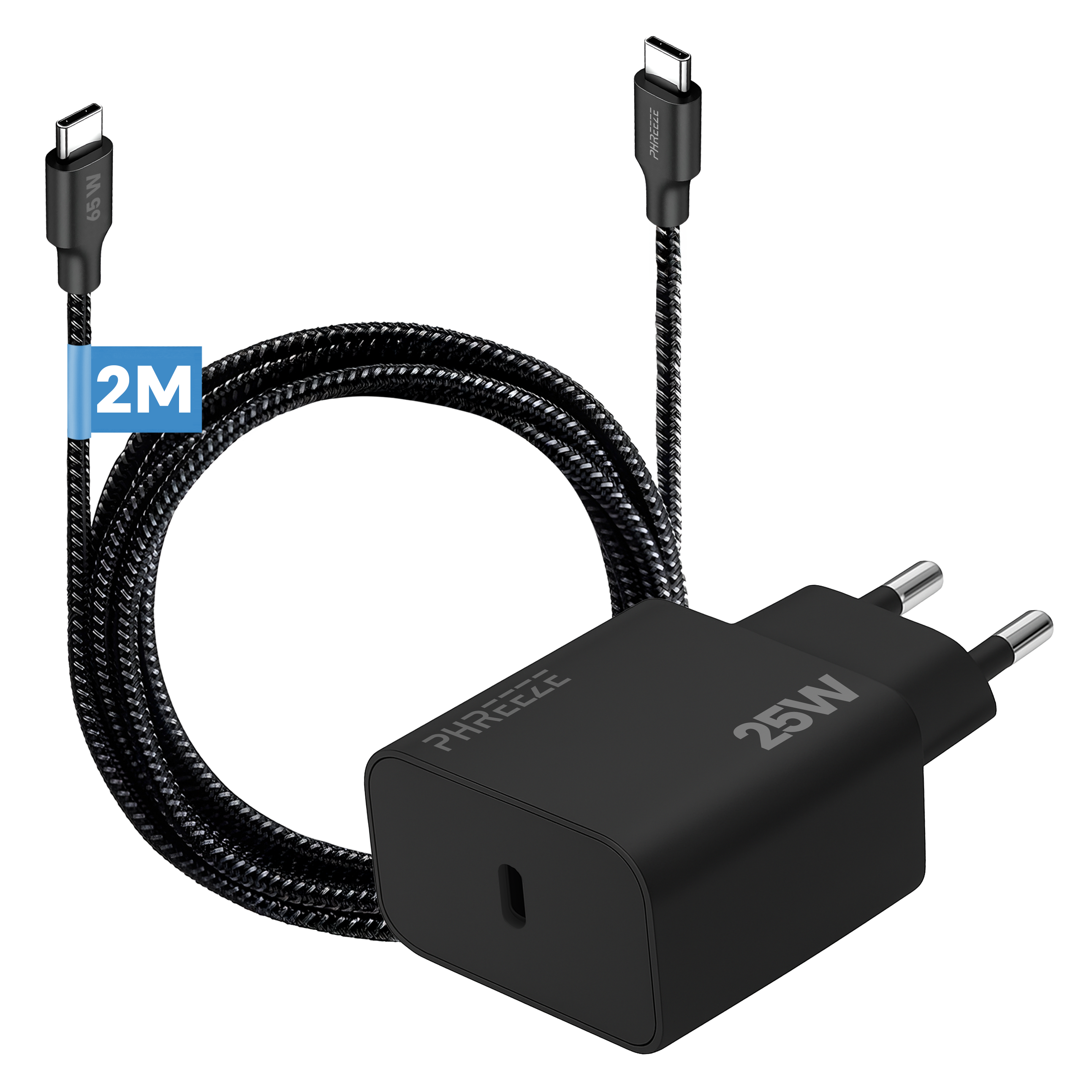 A black 25W charger with a USB-C cable. The cable is 2M long. The brand PHREZEE is visible on the charger.