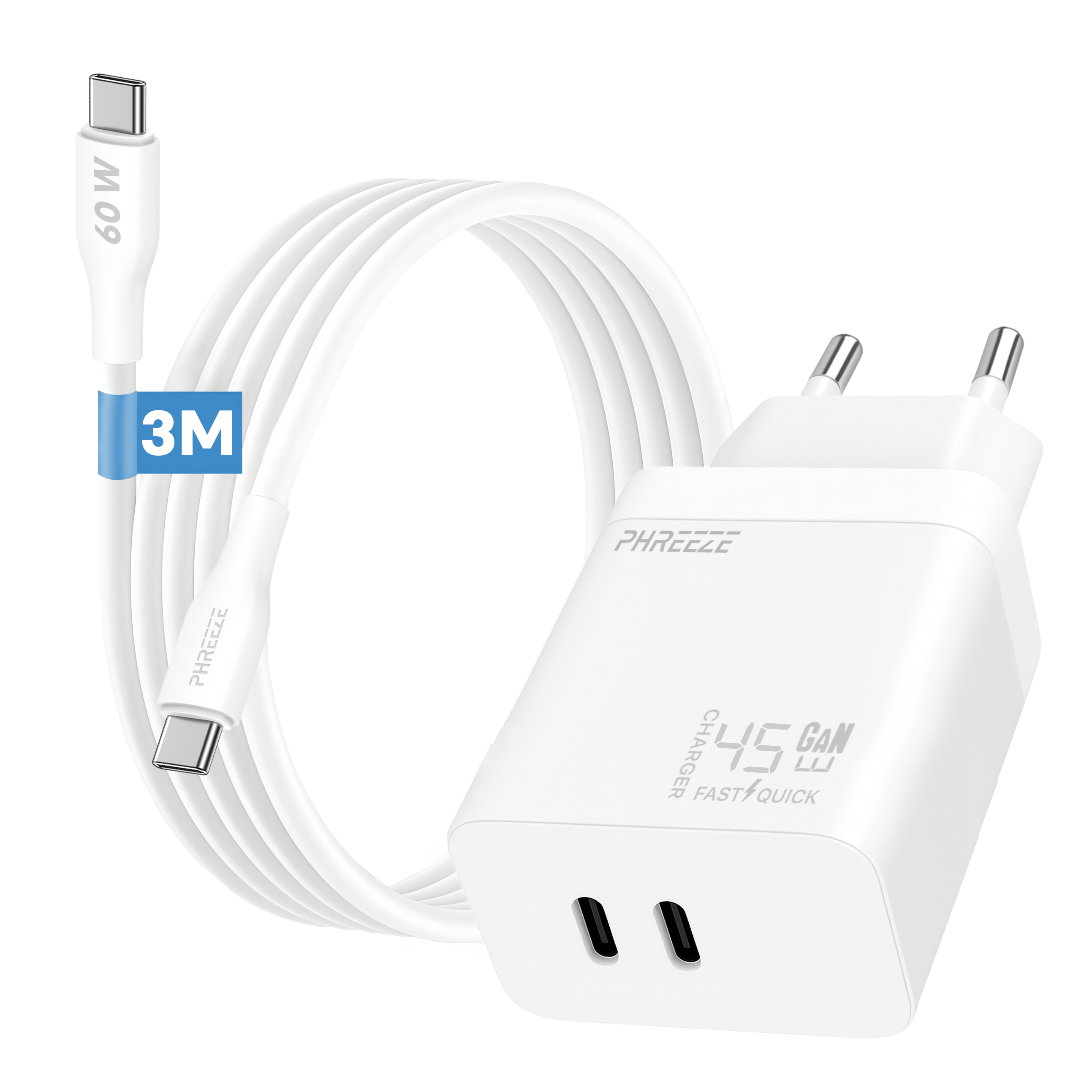 White charger with cable. The cable has a blue label that says 3M. Charger says 45W GAN and FAST QUICK.