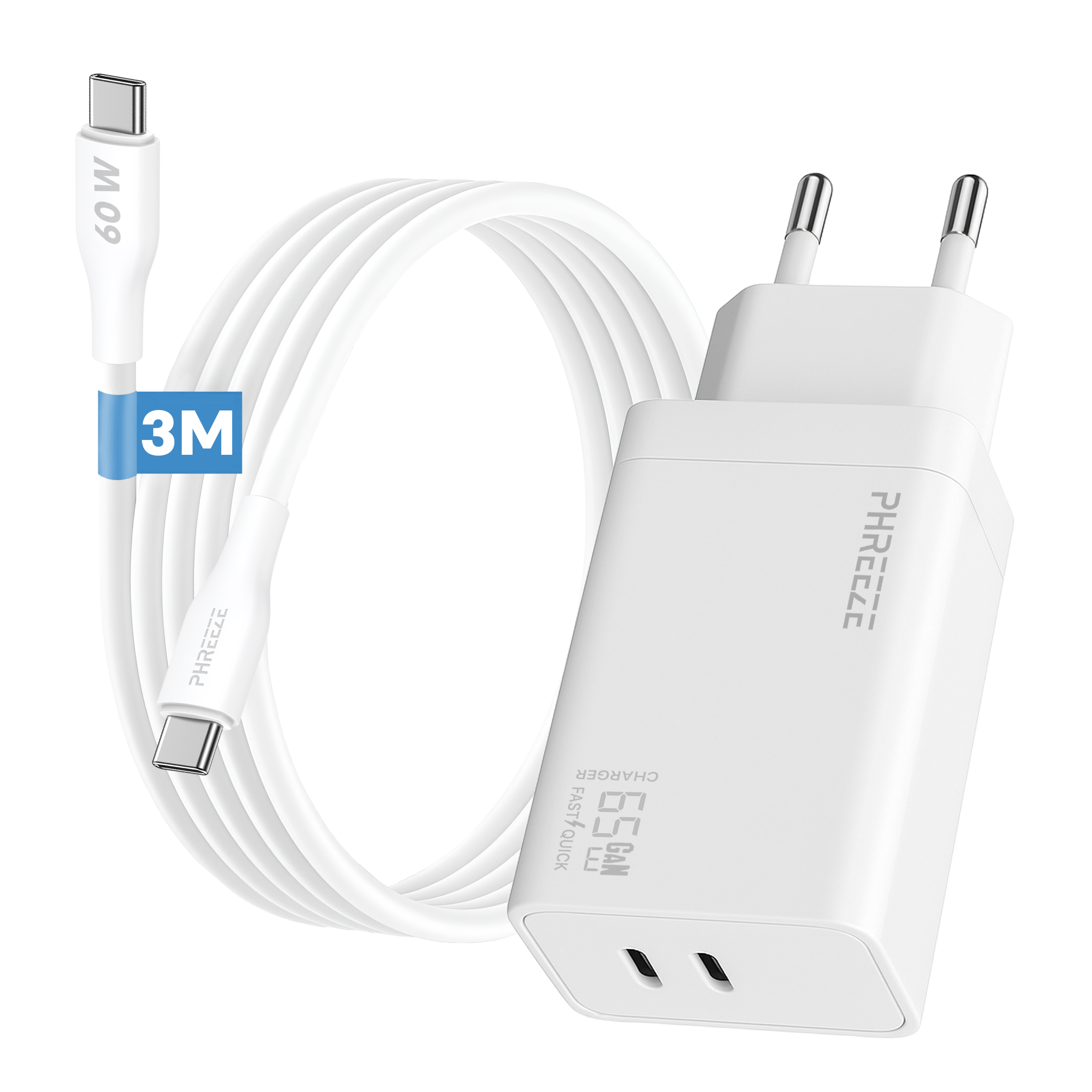 Witte oplader en kabel. De kabel is aangesloten op de oplader. De oplader heeft twee pinnen en een USB-C-poort.