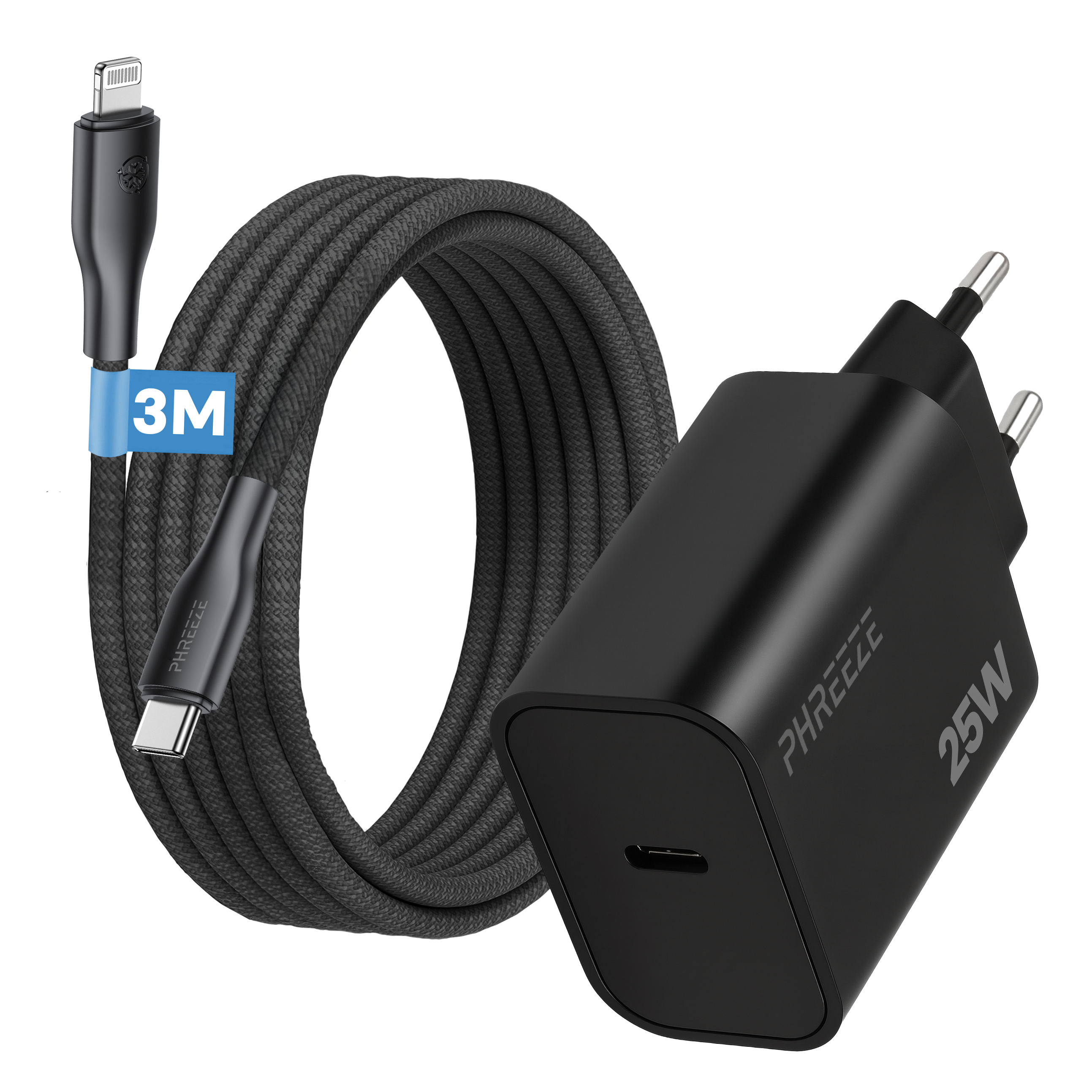 Zwarte oplader met kabel, Lightning- en USB-C-connectoren. De oplader is gemarkeerd met 'PHREEE' en '25W'.