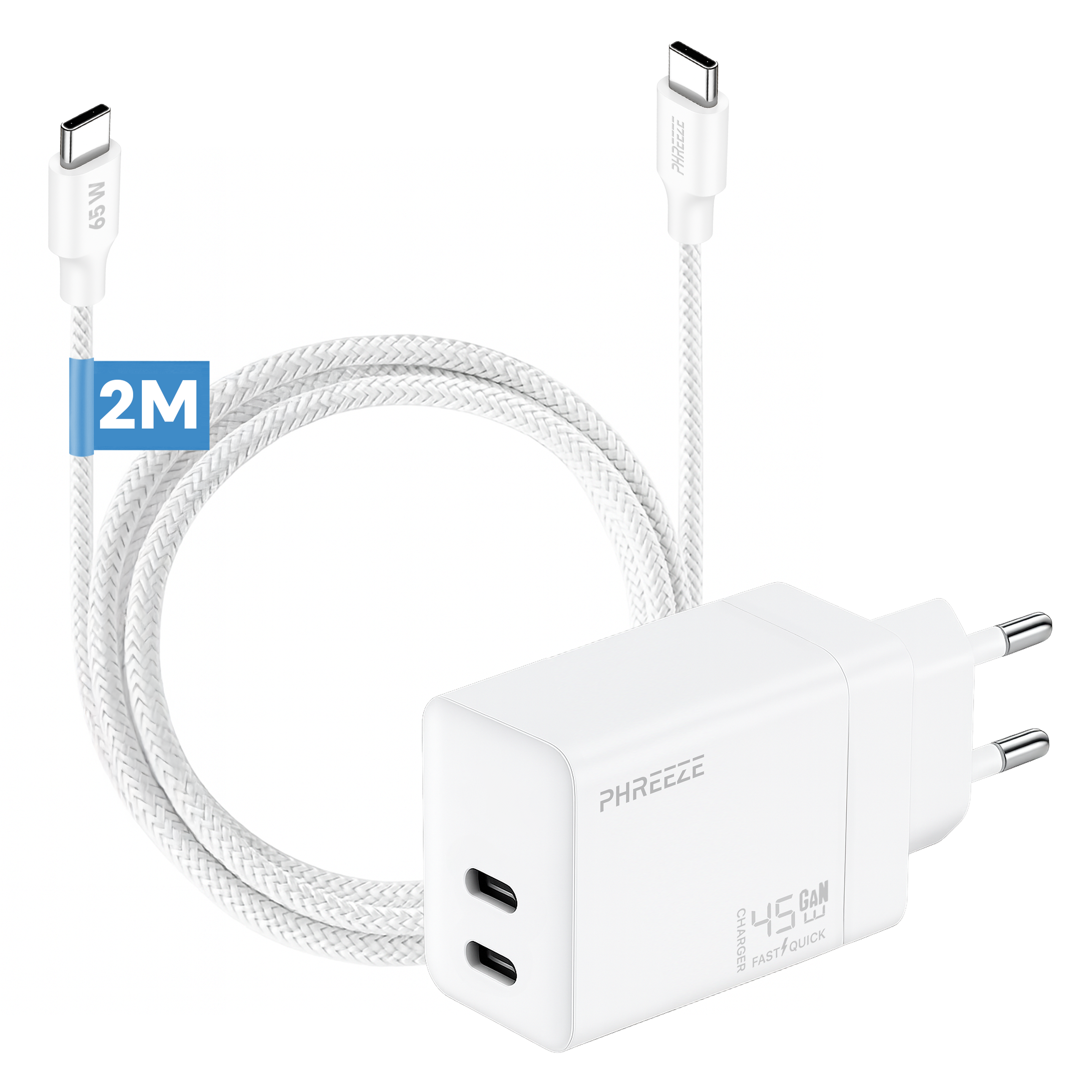 A white phone charger with a white braided cable. The charger has two USB-C ports and a plug.