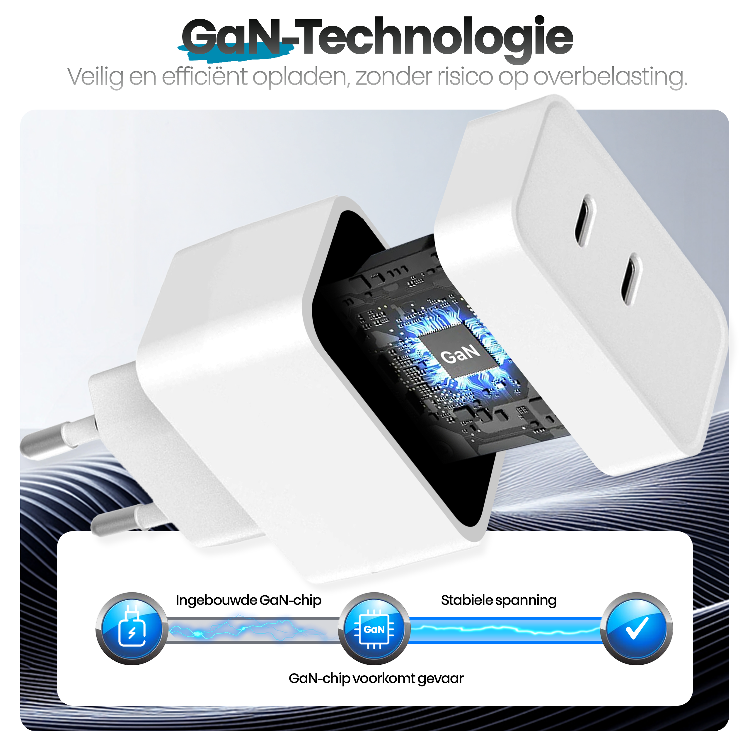 A white GaN charger with a circuit board, and text in Dutch promoting safety and efficiency.