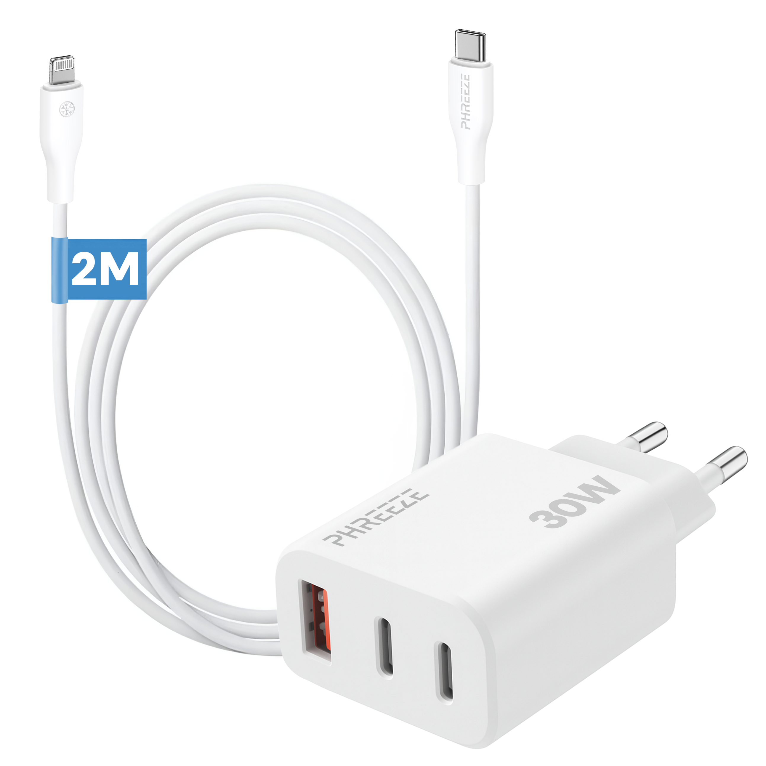 Witte oplader met drie poorten en twee kabels: USB-C en Lightning. Kabellengte is 2M. Oplader heeft 30W label.