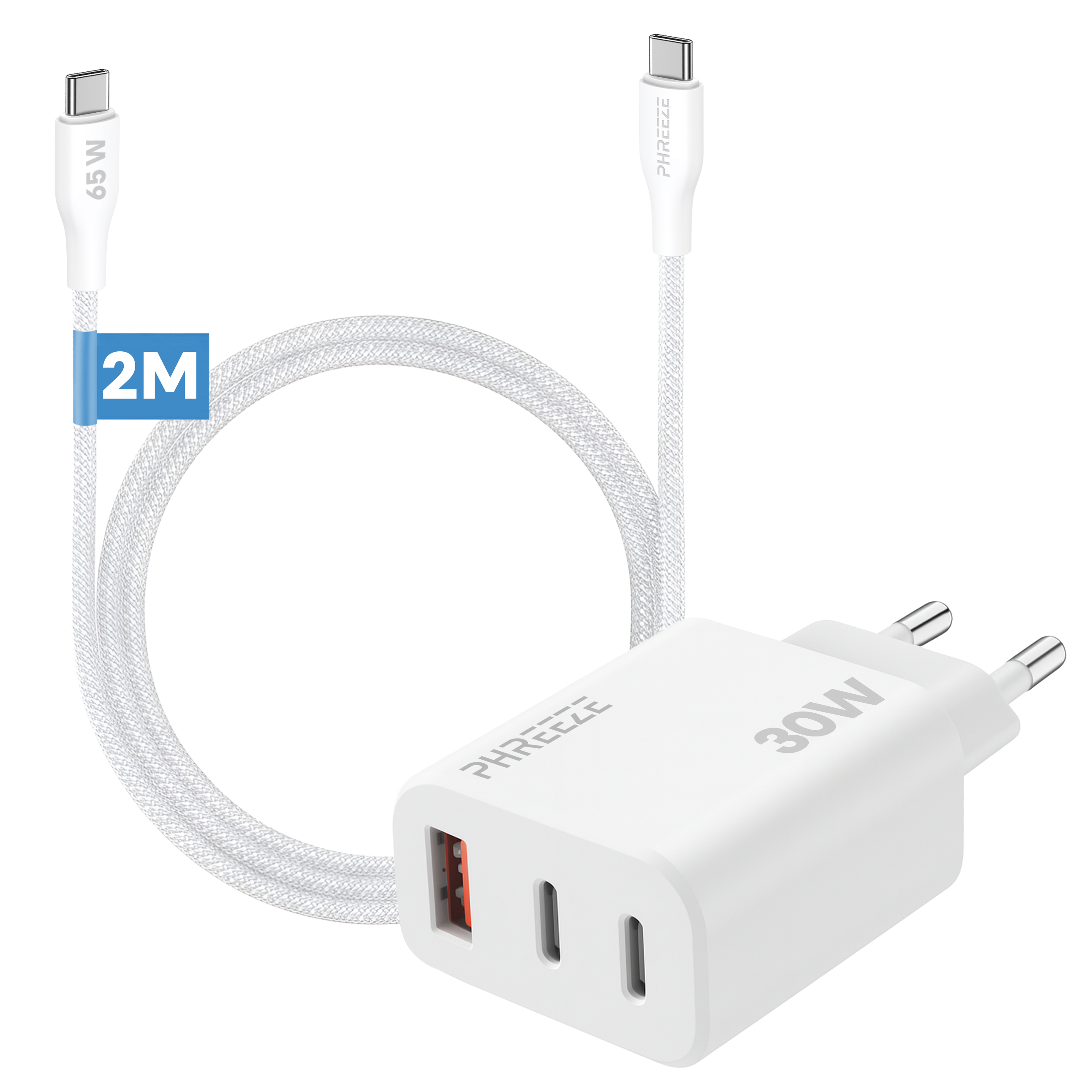 Witte oplader met twee USB-C-kabels, wit met blauw 2M-label. De oplader is 30W met 3 poorten.