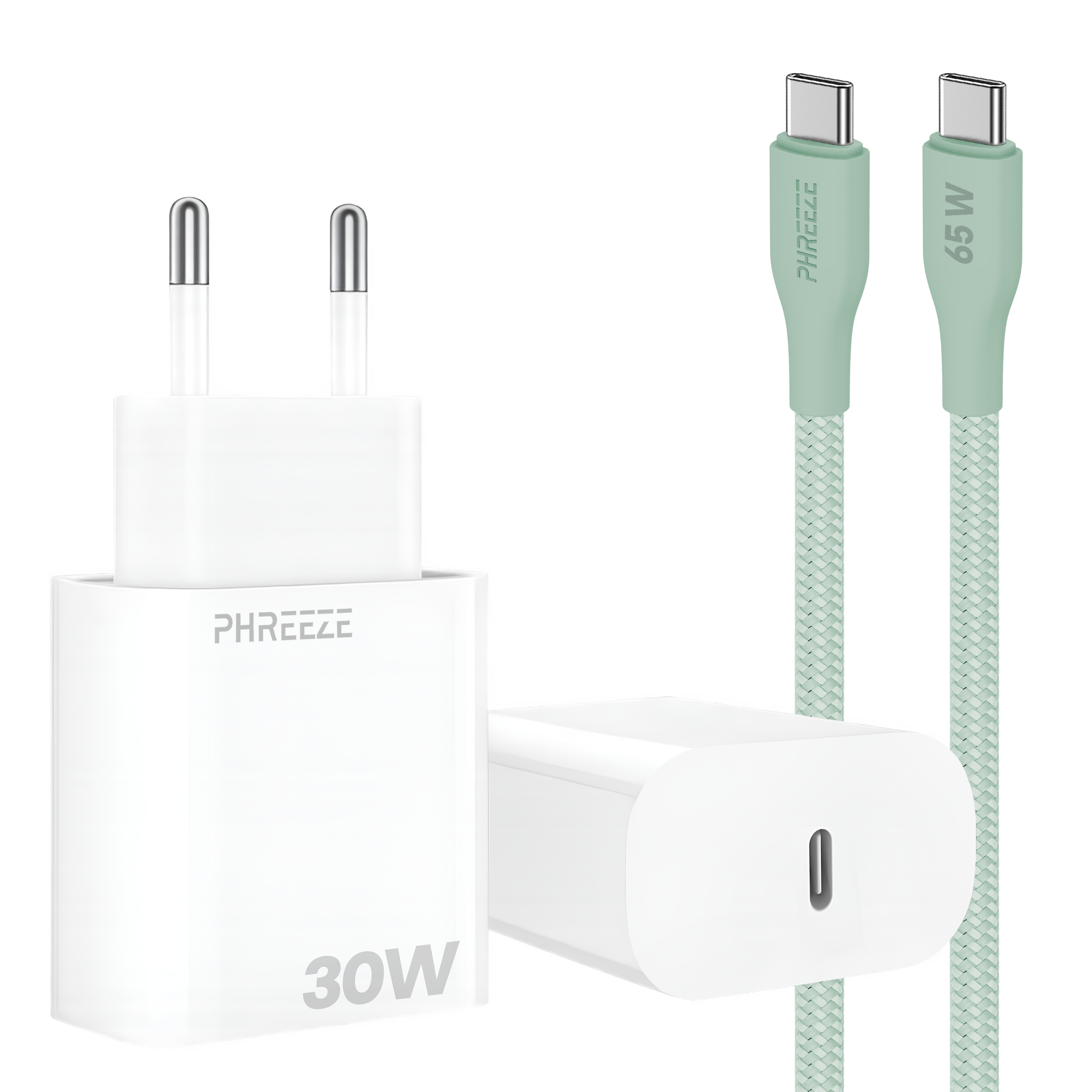 Witte oplader met twee groene USB-C-kabels. De oplader heeft een label van 30W, de kabels 65W.