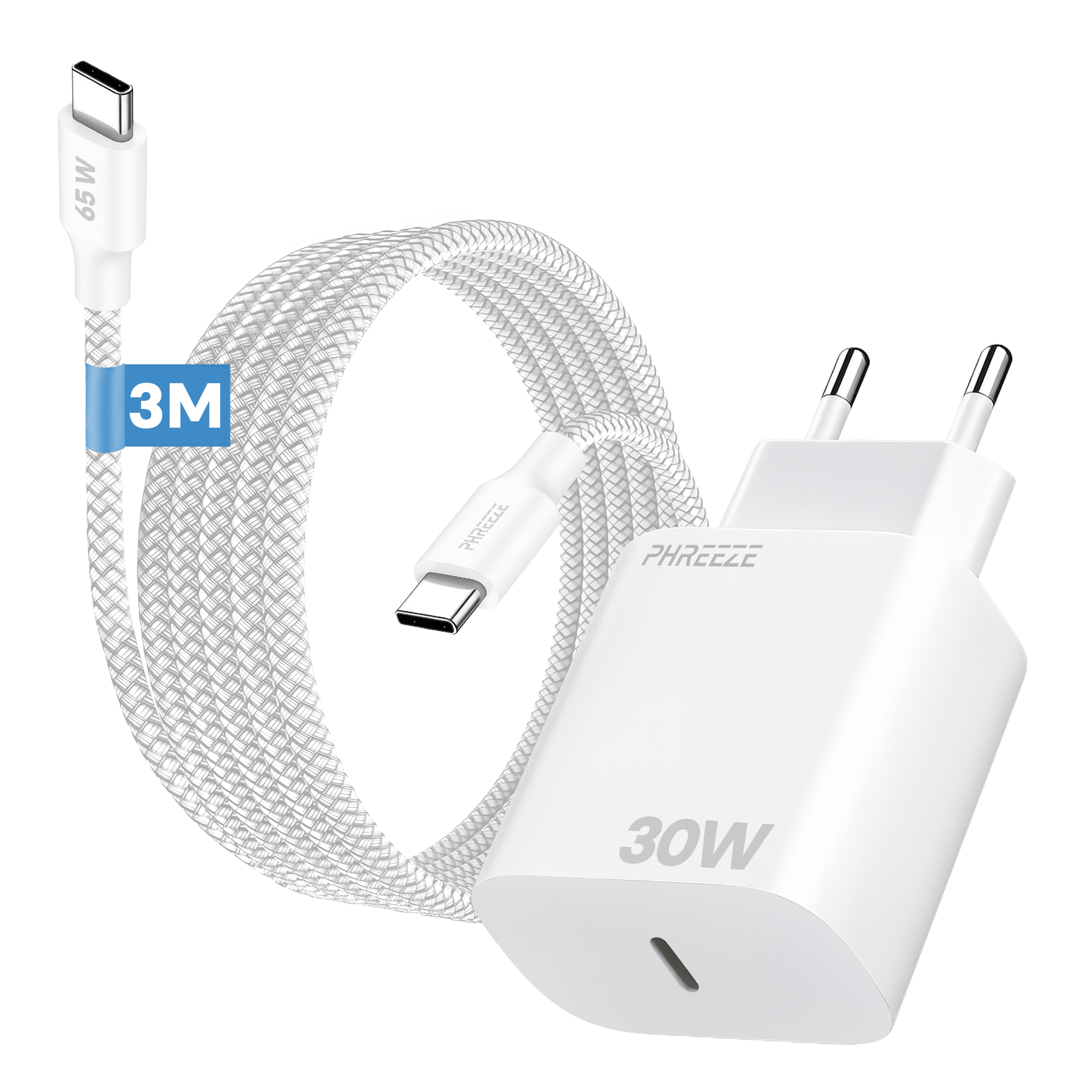 Witte oplader met een USB-C-kabel. De oplader is gemarkeerd met 30W. De kabel is wit en 3M lang. De kabel heeft een USB-C connector.