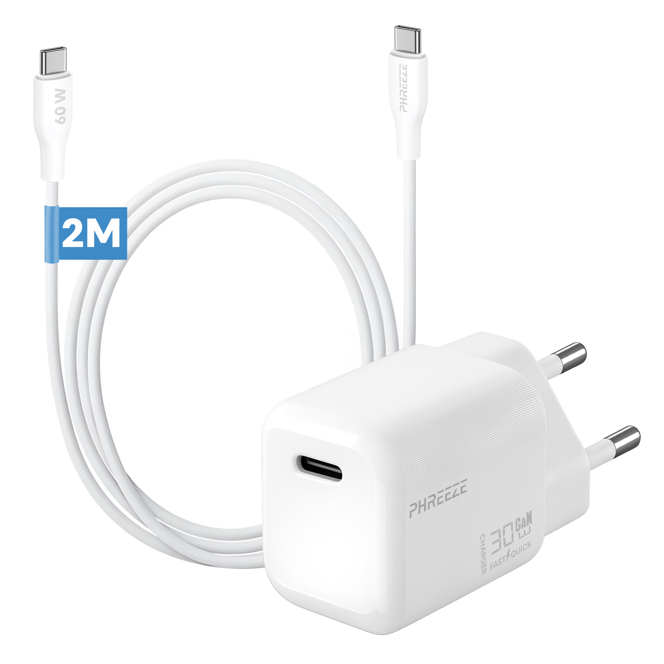Een witte oplader en kabel. De oplader heeft een USB-C-poort, een stekker en de kabel is aangesloten.