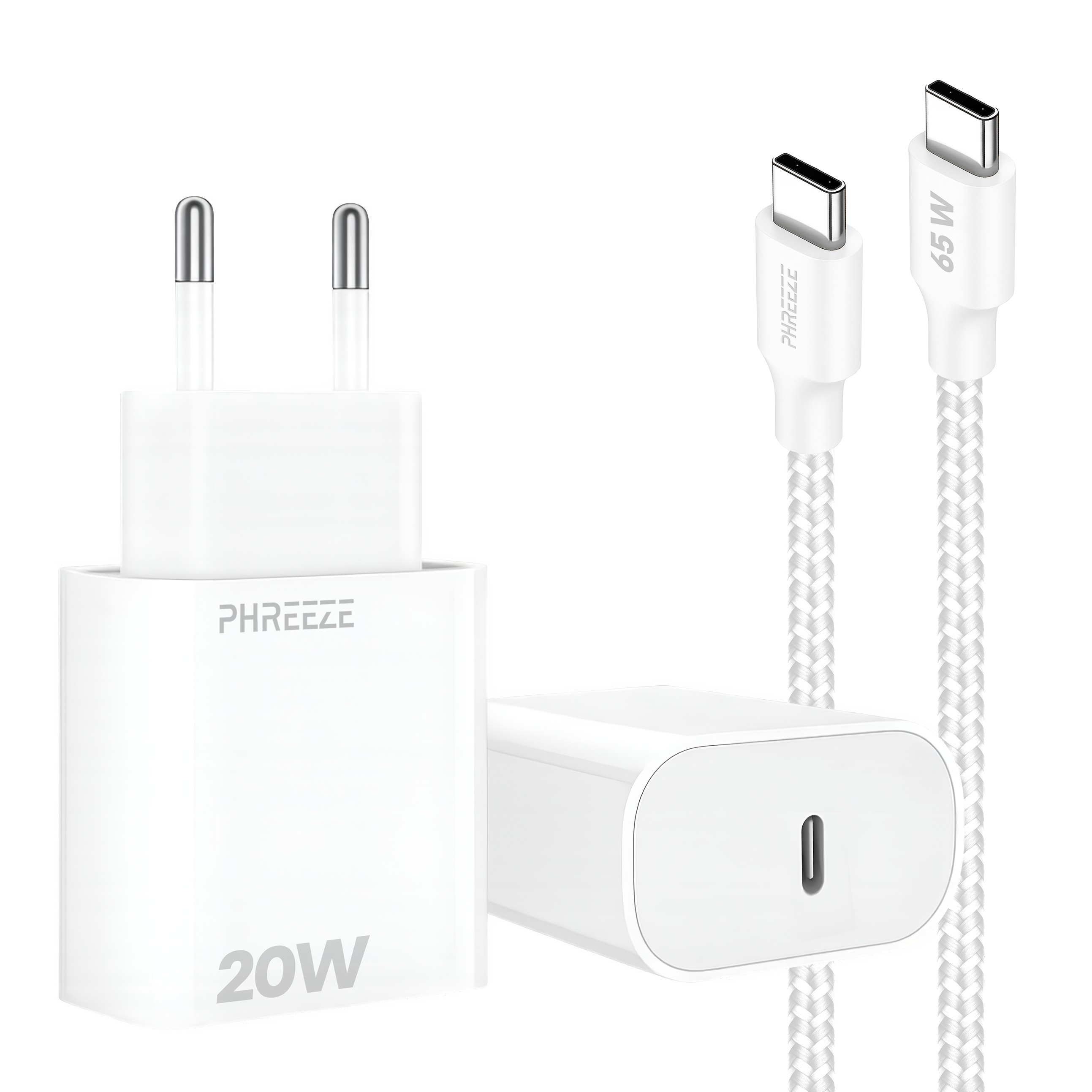 White power adapter and two USB-C cables. The adapter is labeled 'PHREEEZE' and '20W'. Cables have 65W and 'PHREEEZE' labels.