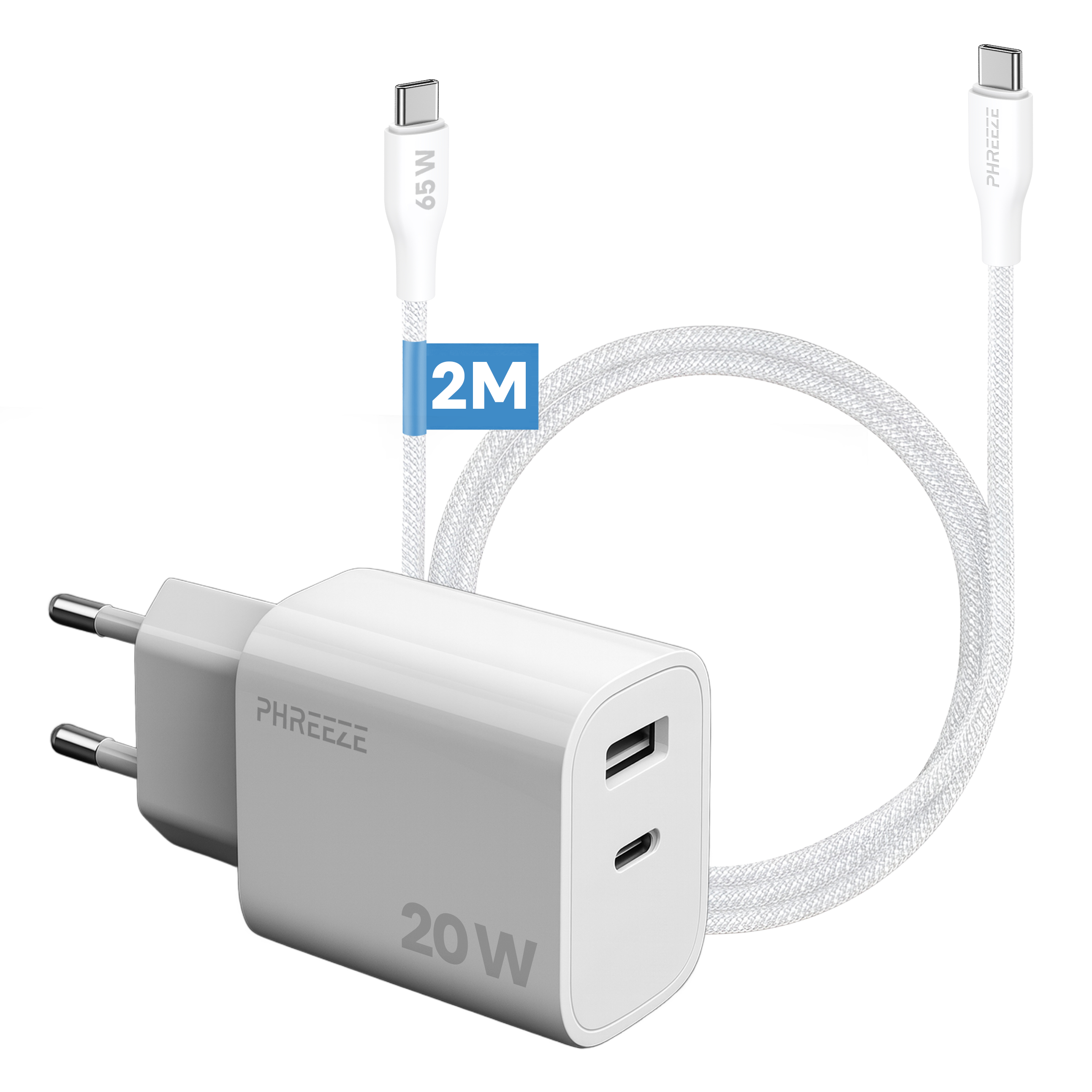 A white charger with two USB ports and a white cable. The charger is marked 20W and the cable is marked 65W and 2M.