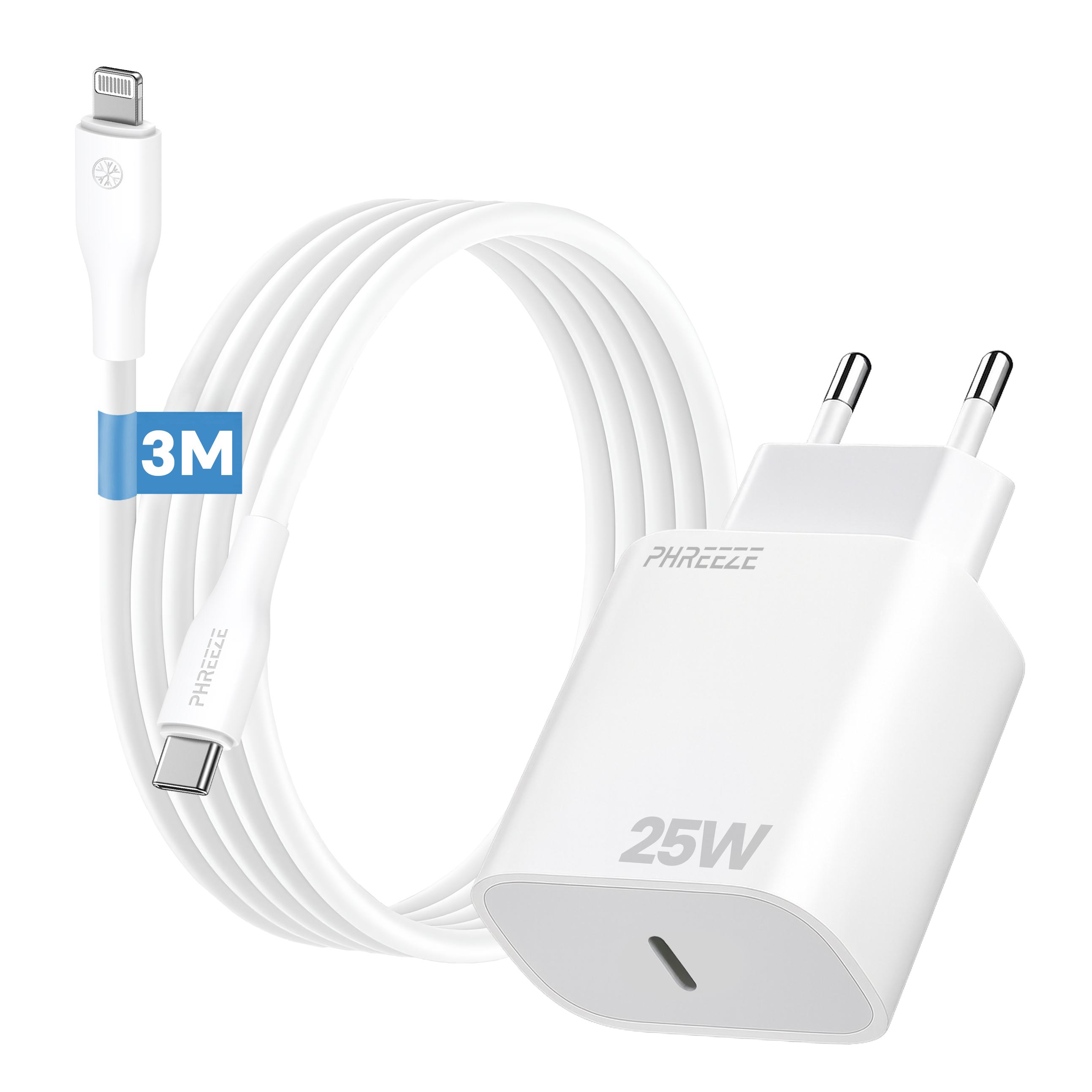 Een witte telefoonlader met kabel. Het heeft een USB-C- en een Lightning-connector.