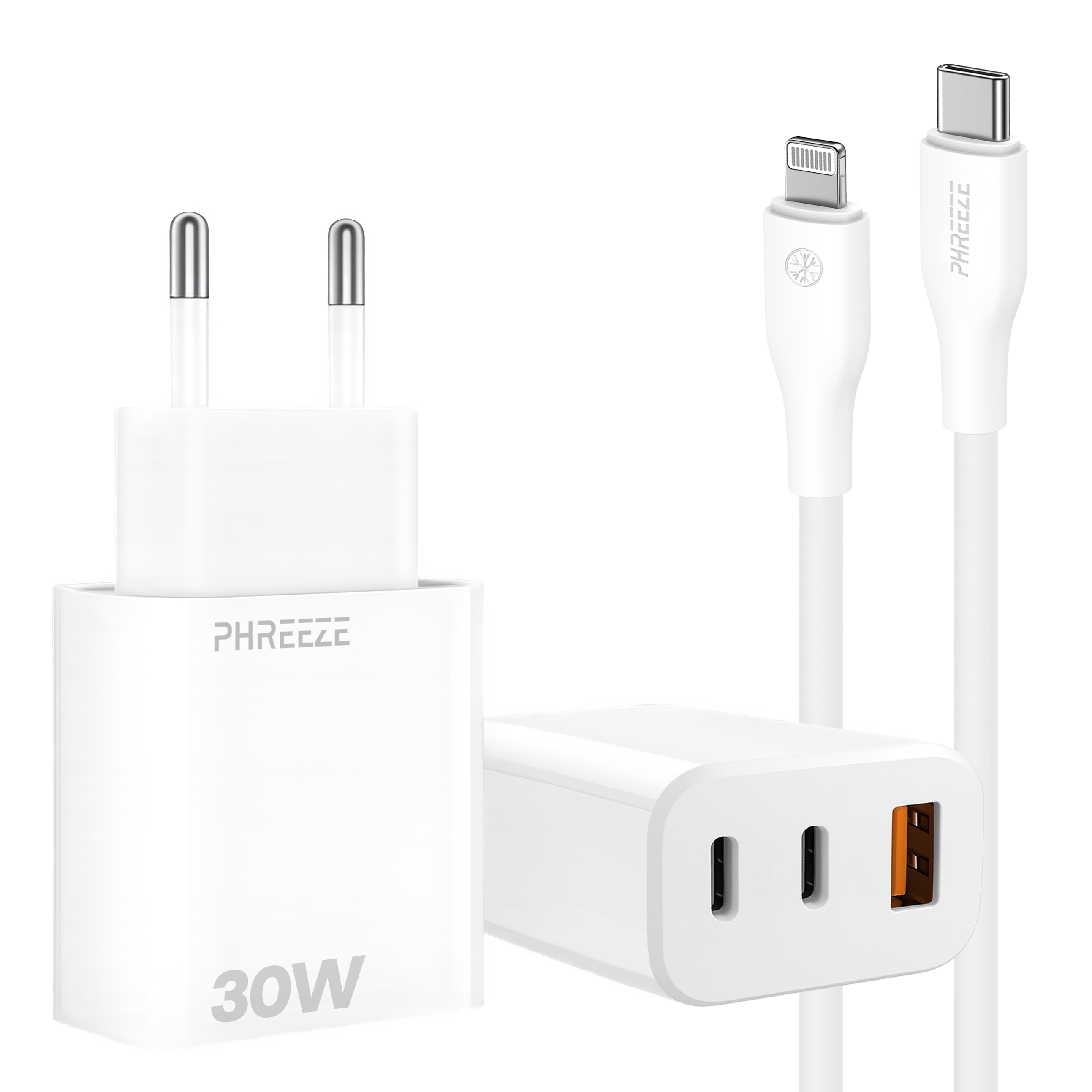 Witte oplader en twee kabels. Oplader heeft 2 poorten en 30W label. Kabels hebben Lightning- en USB-C-connectoren.