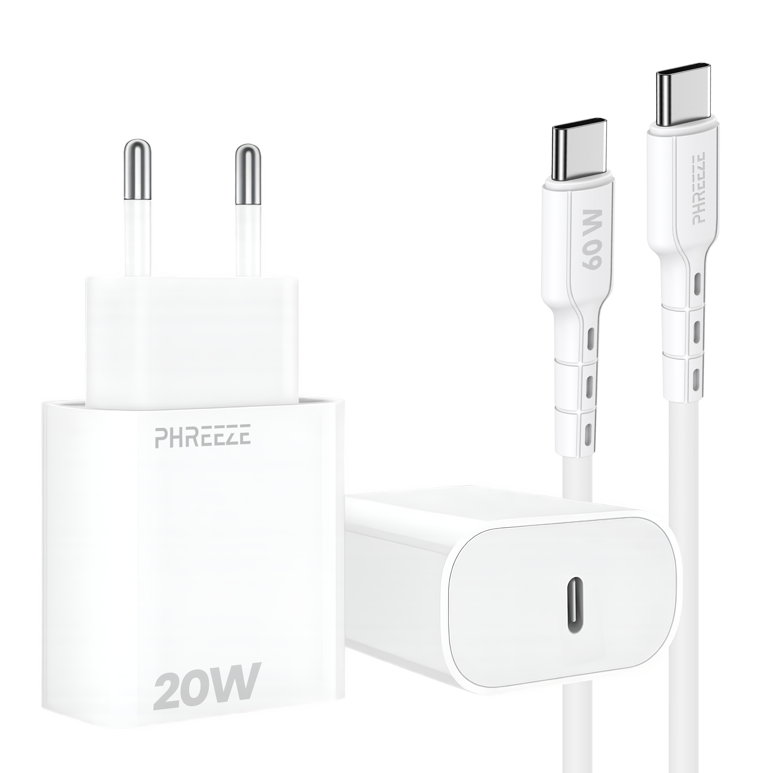White charger and cable set. Charger has two pins and a USB-C port. Cables also have USB-C connectors.