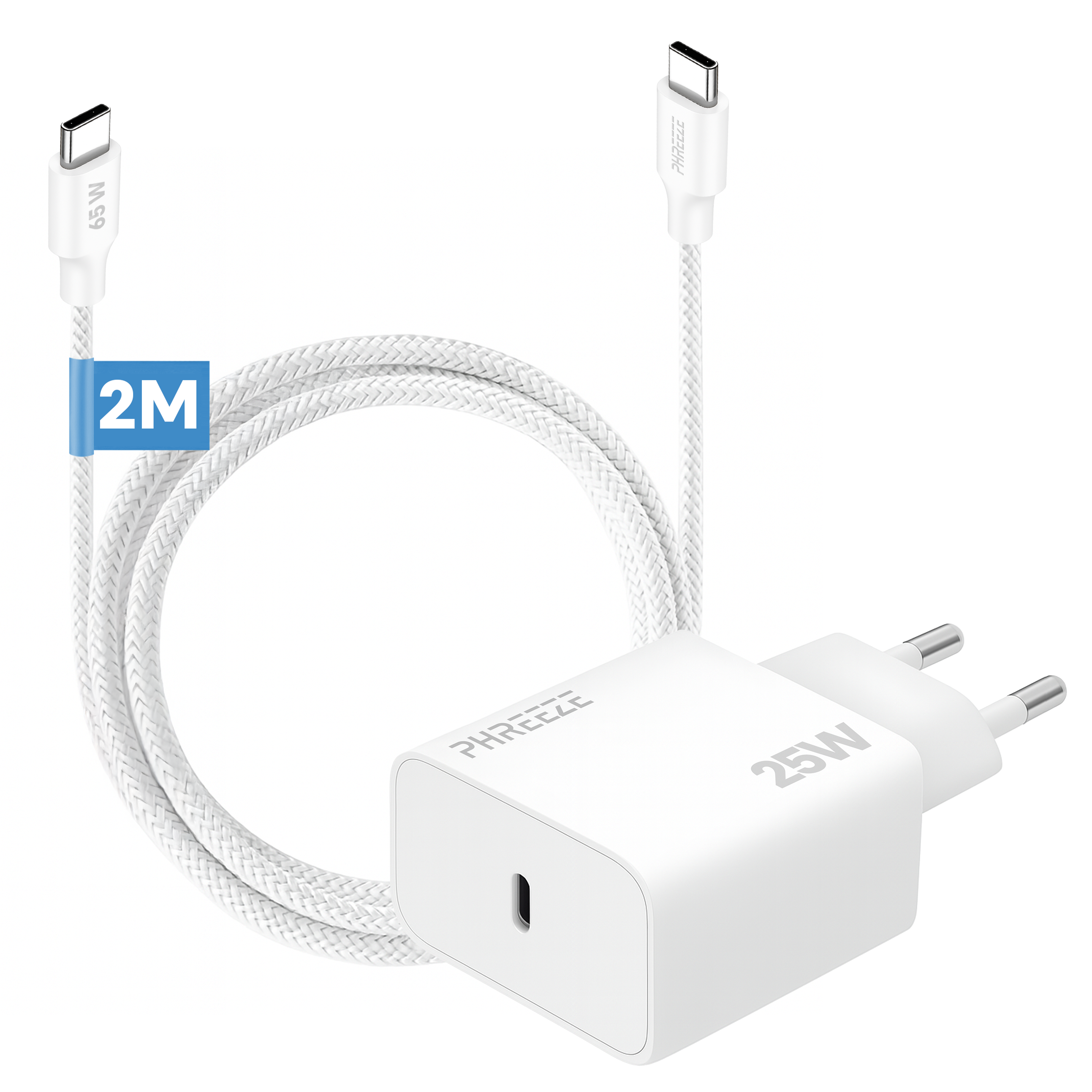 A white charger with a USB-C cable. It has a 25W adapter and a 65W cable. The cable is white with a braided pattern.