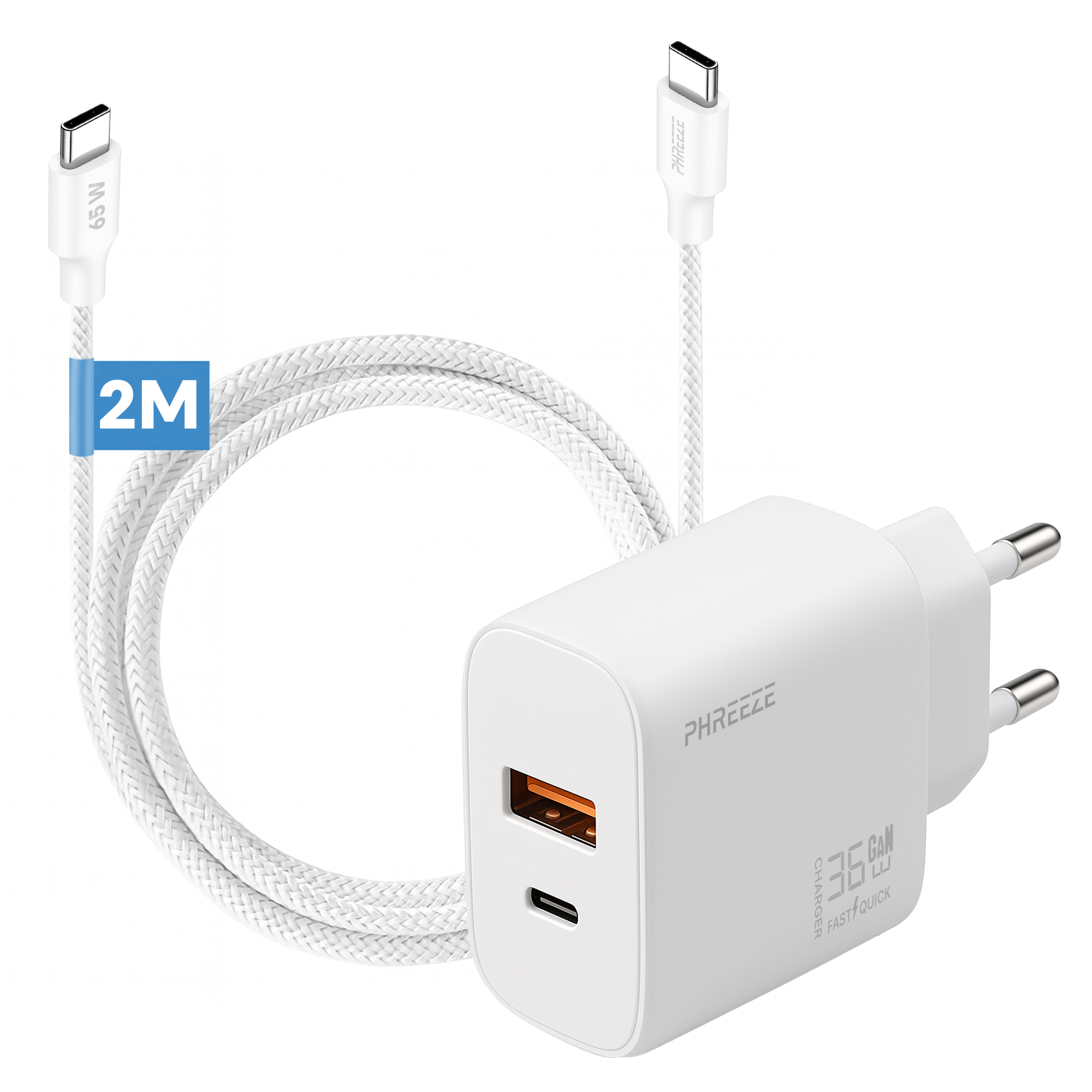 White charger with cable. Charger has two USB ports and the cable is white, braided. The charger is marked 36W.