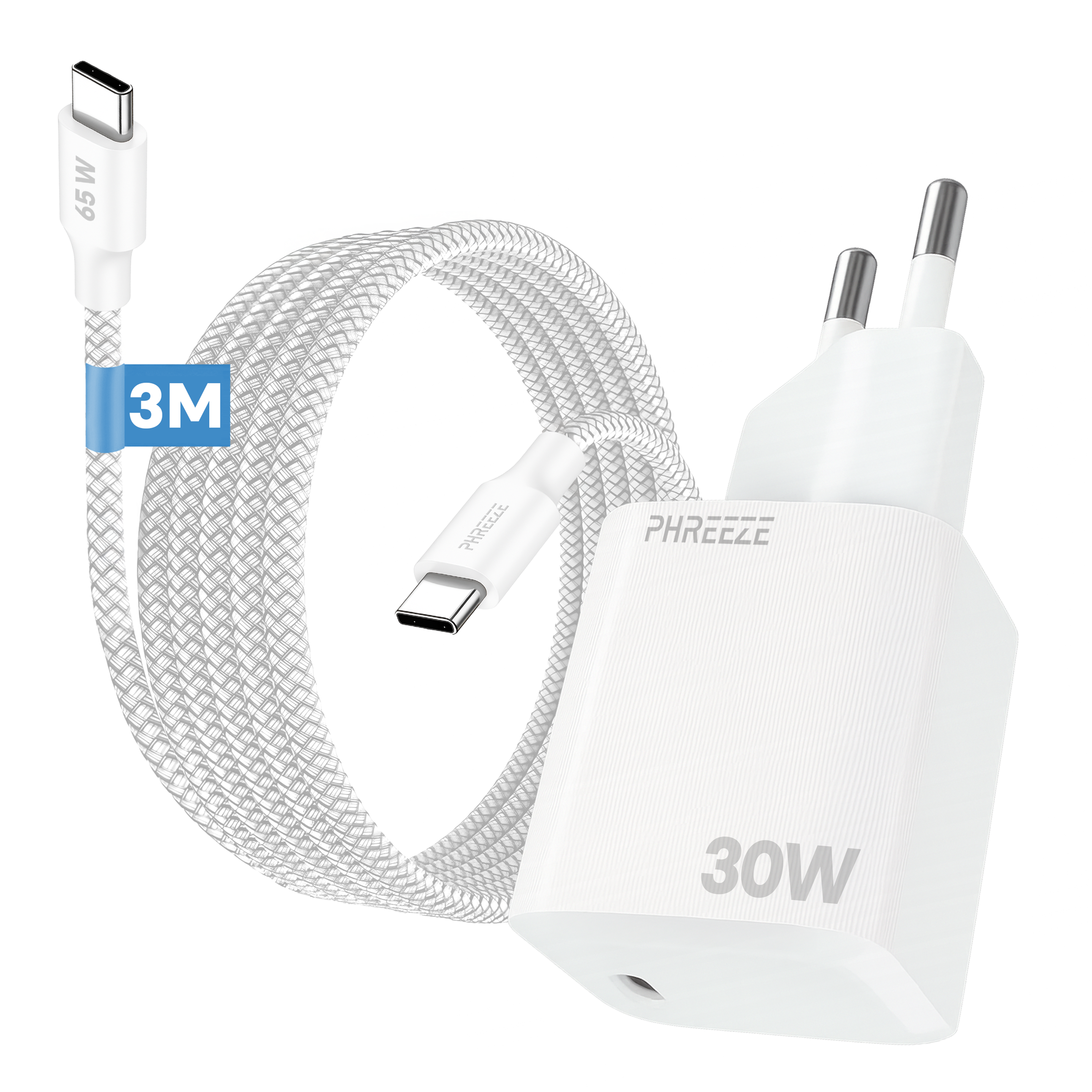 Een witte telefoonlader met een USB-C-kabel. De lader heeft een vermogen van 30 W en de kabel is 3 meter lang.