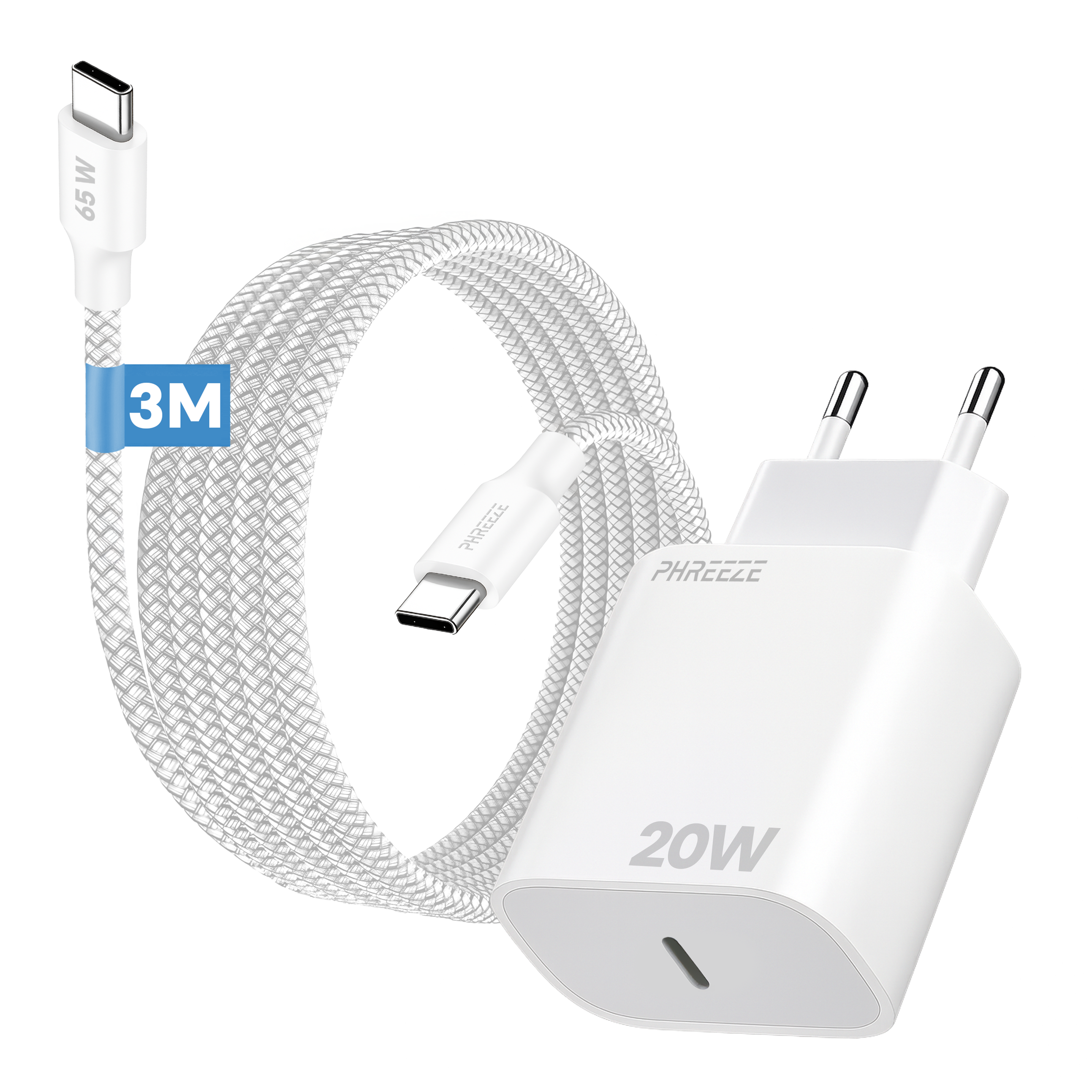 A white charger with a USB-C cable. The cable is braided. The charger says 20W and the cable says 65W and 3M.