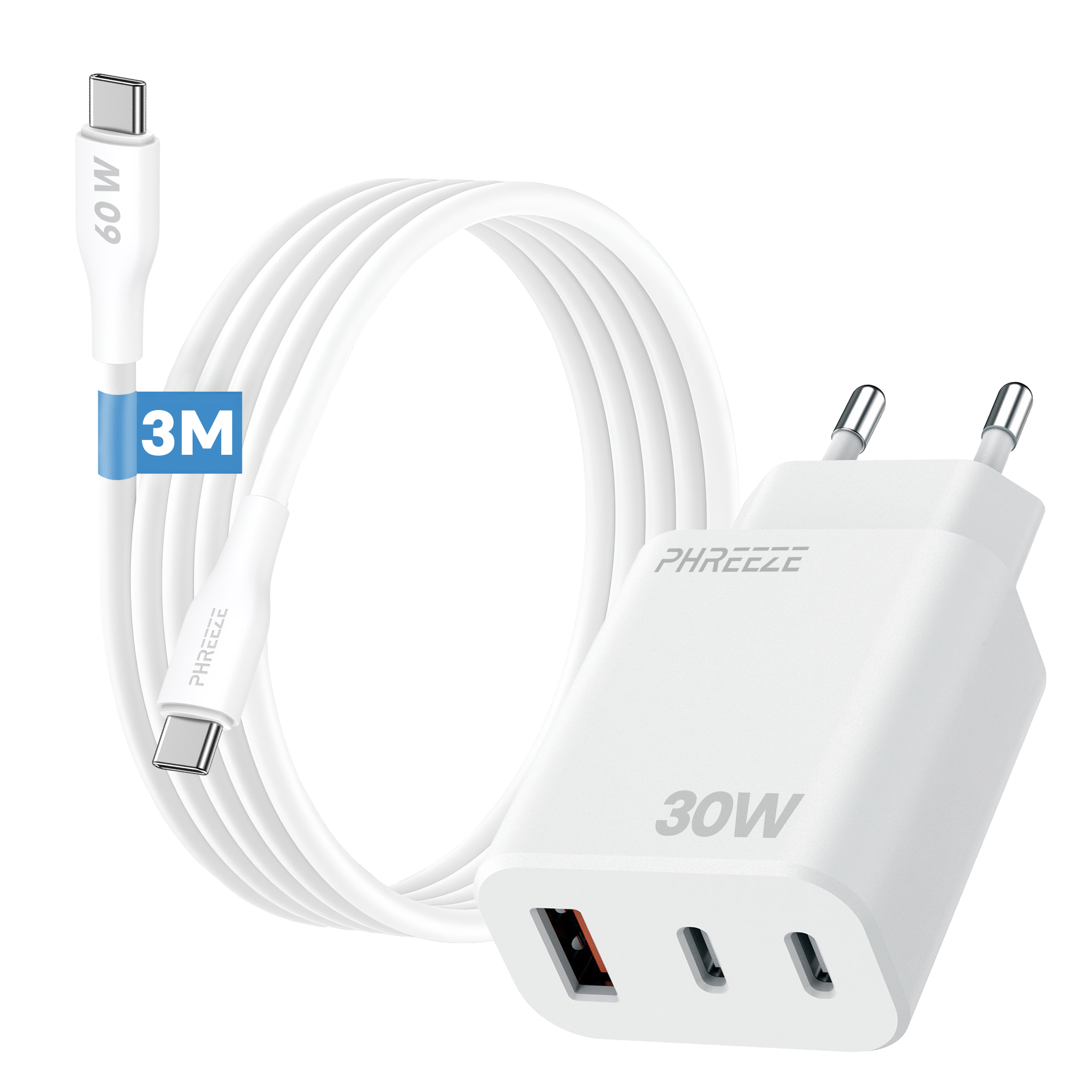 Een witte oplader met kabel en voedingsadapter. De kabel heeft een blauw 3M-label en de adapter heeft twee poorten.