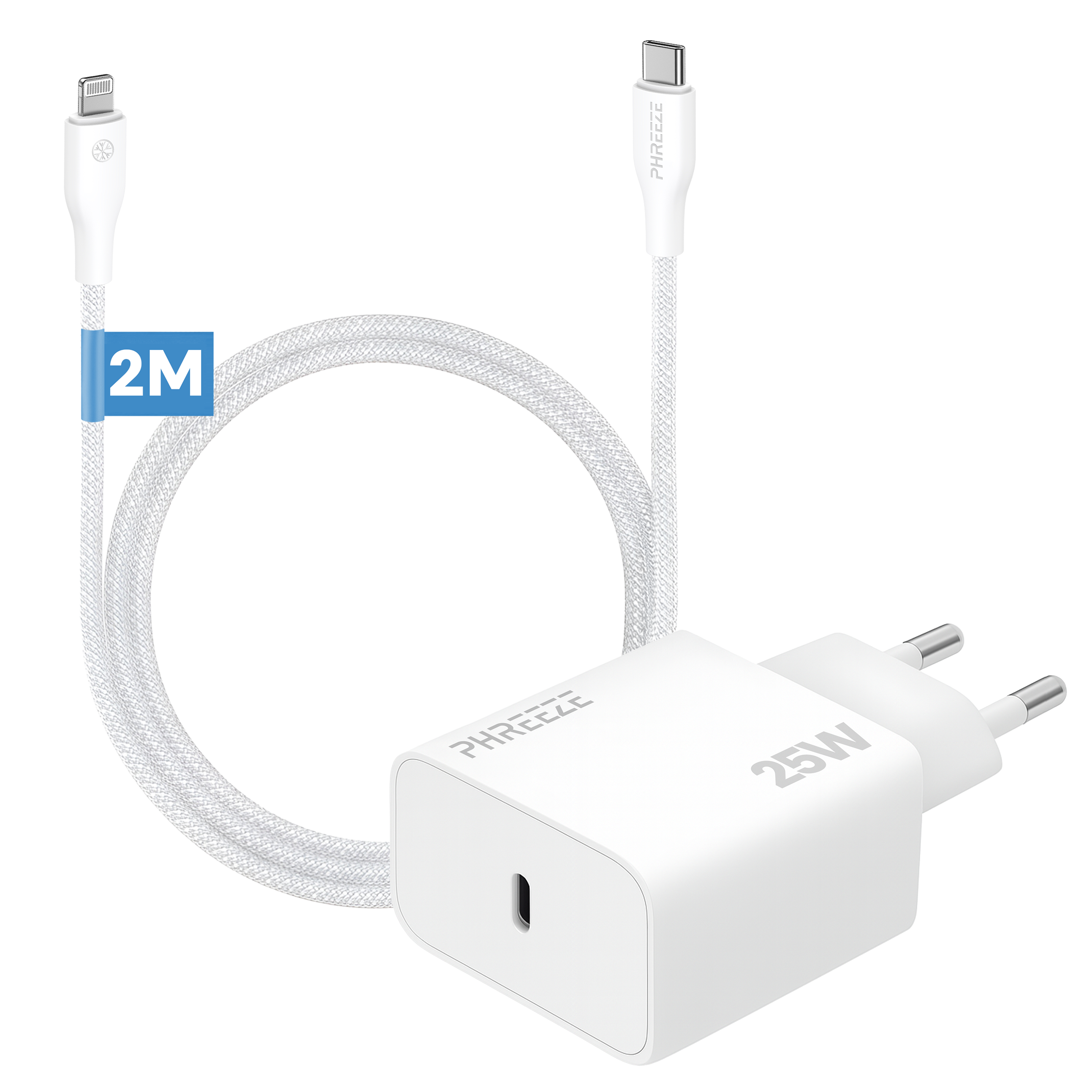 Een witte oplaadset met kabel en adapter, 2M, witte kabels en een witte adapter met 25W.