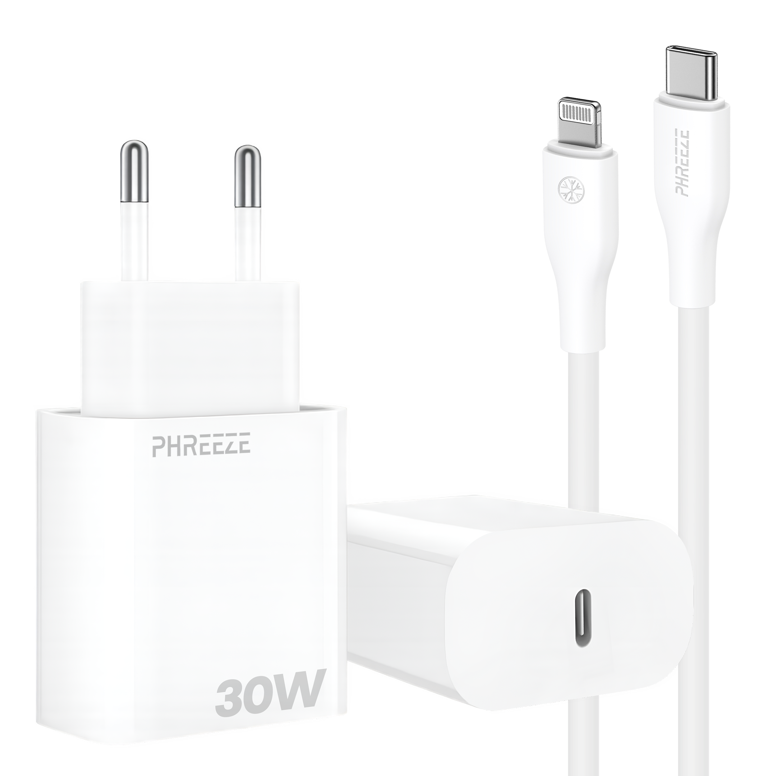 A white charger, a cable with a lightning connector, and a USB-C cable are on a white background.