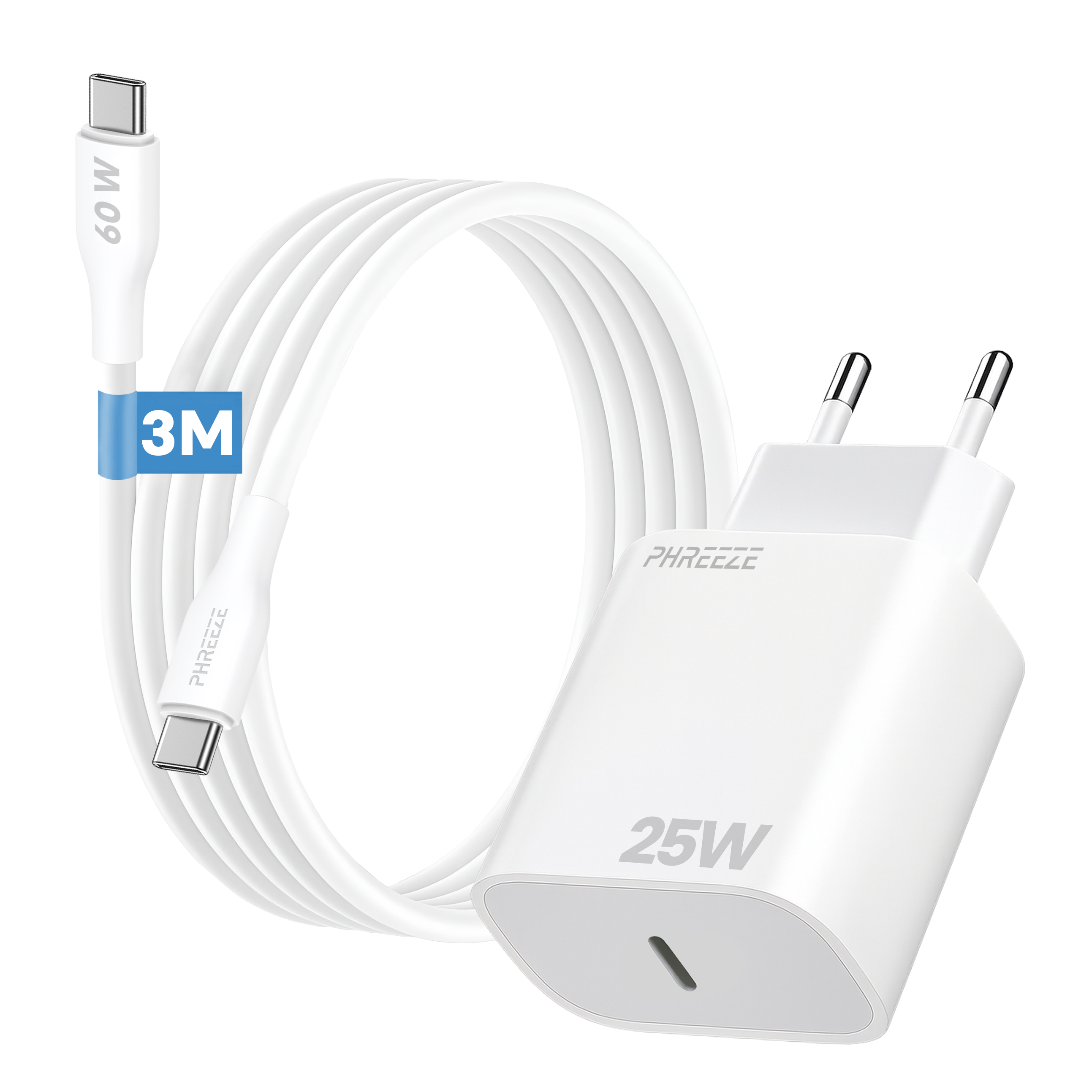 Witte oplader en kabel. Kabel gemarkeerd met '3M' en '60W'. Oplader heeft '25W' erop.