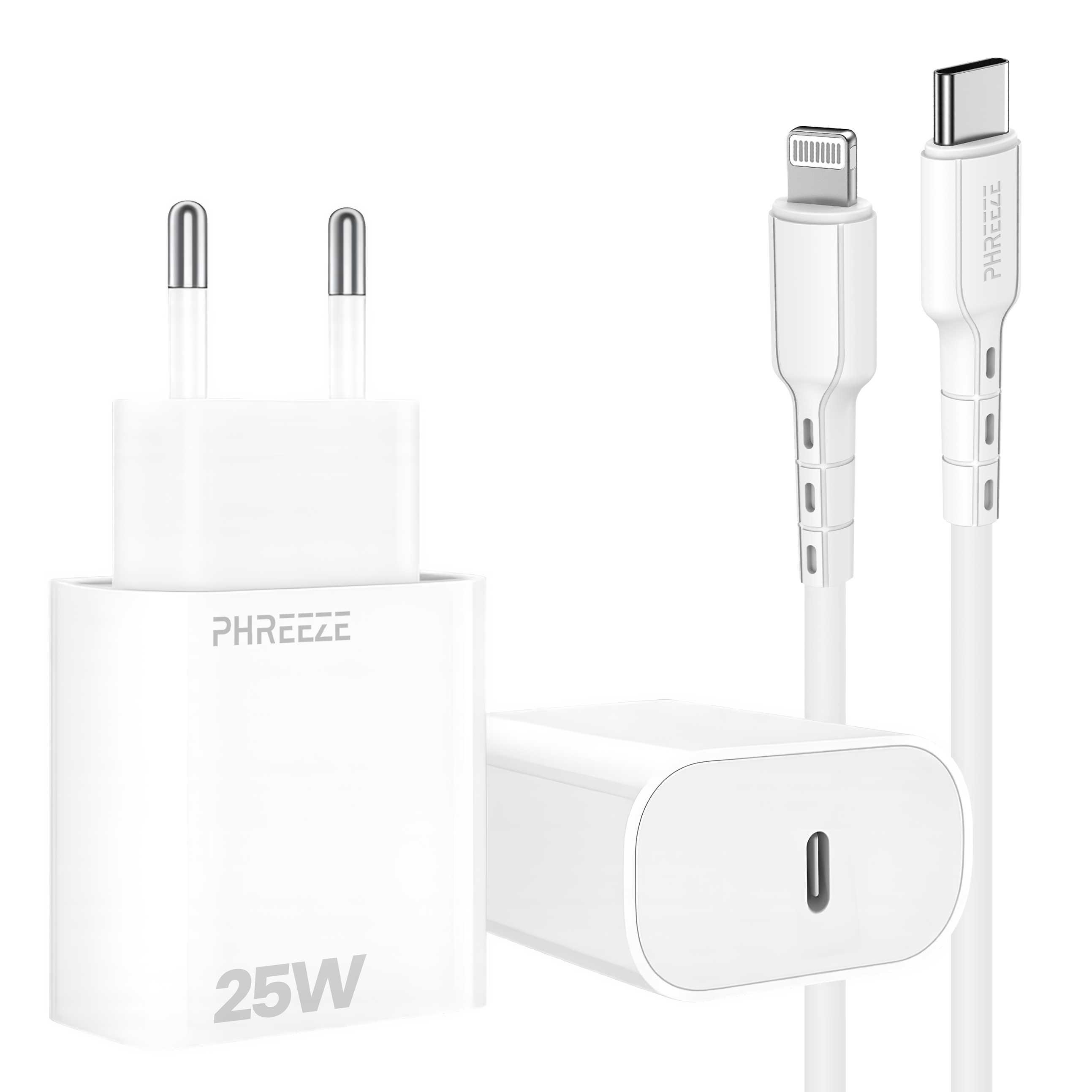 Witte oplader met twee kabels. Een USB-C, een Lightning. Merknaam is PHREEZE. 25W. Witte achtergrond.