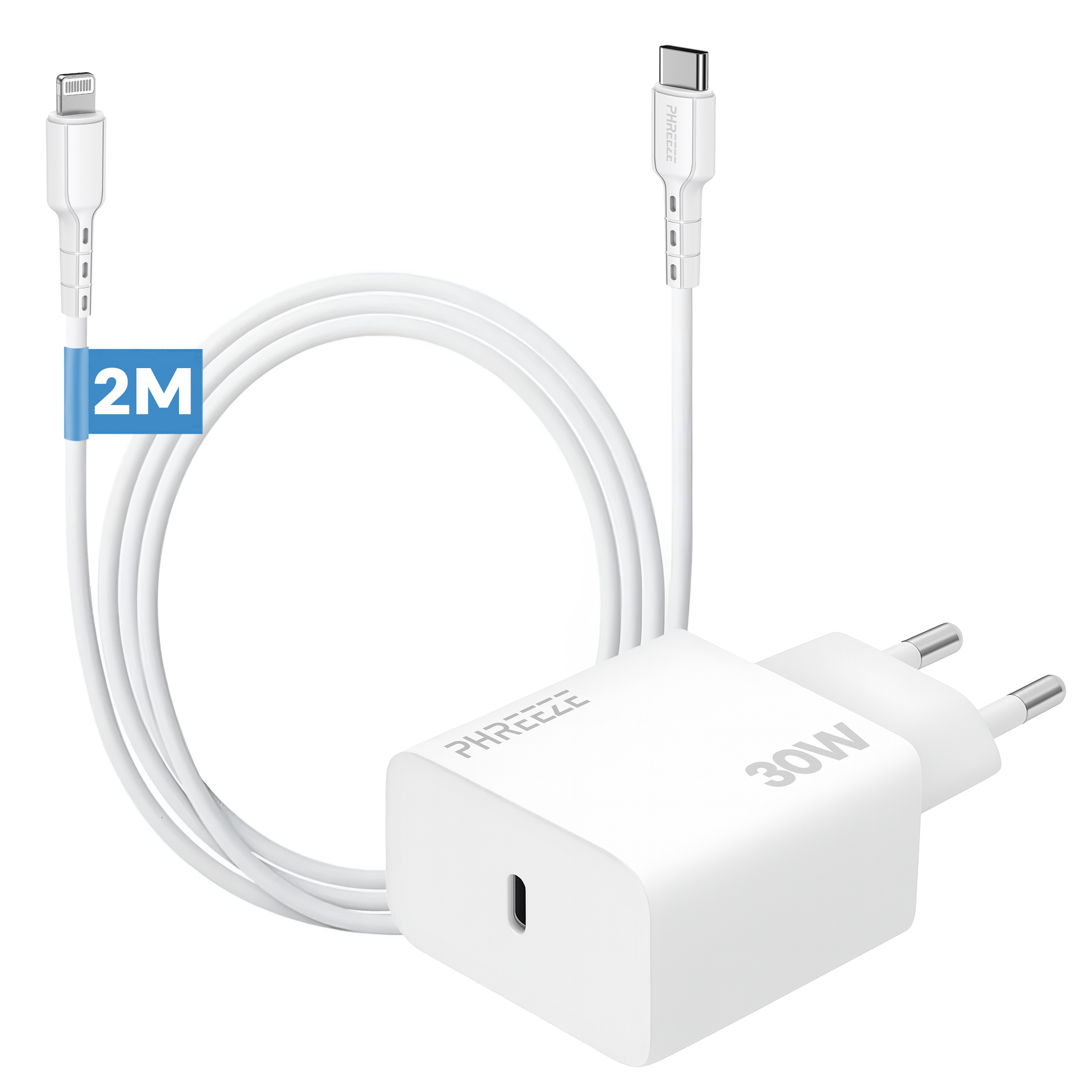White charger with Lightning and USB-C connectors. The charger is marked 30W. A blue label says 2M.