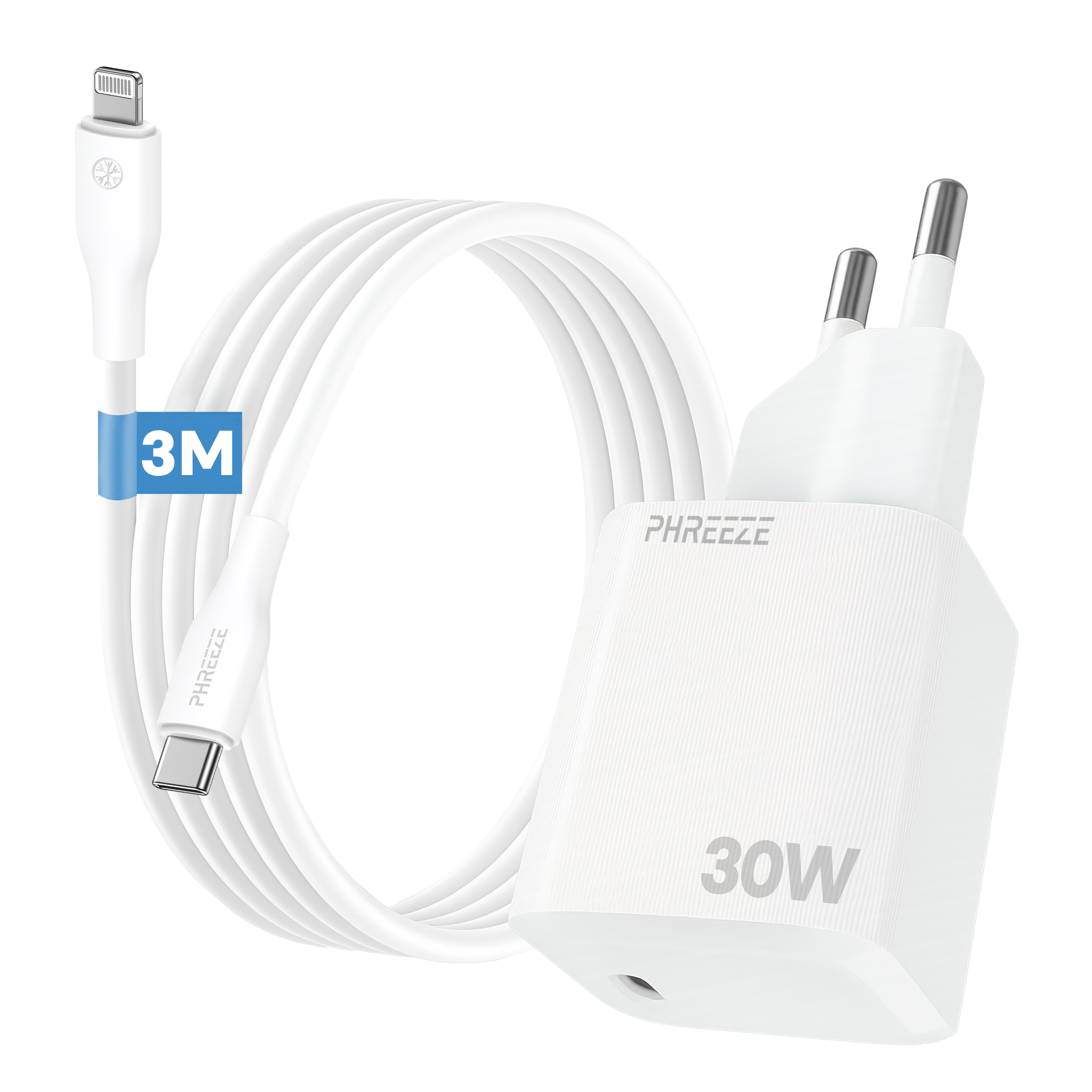 A white phone charger with a cable. It has a 30W label. The cable is 3M long.