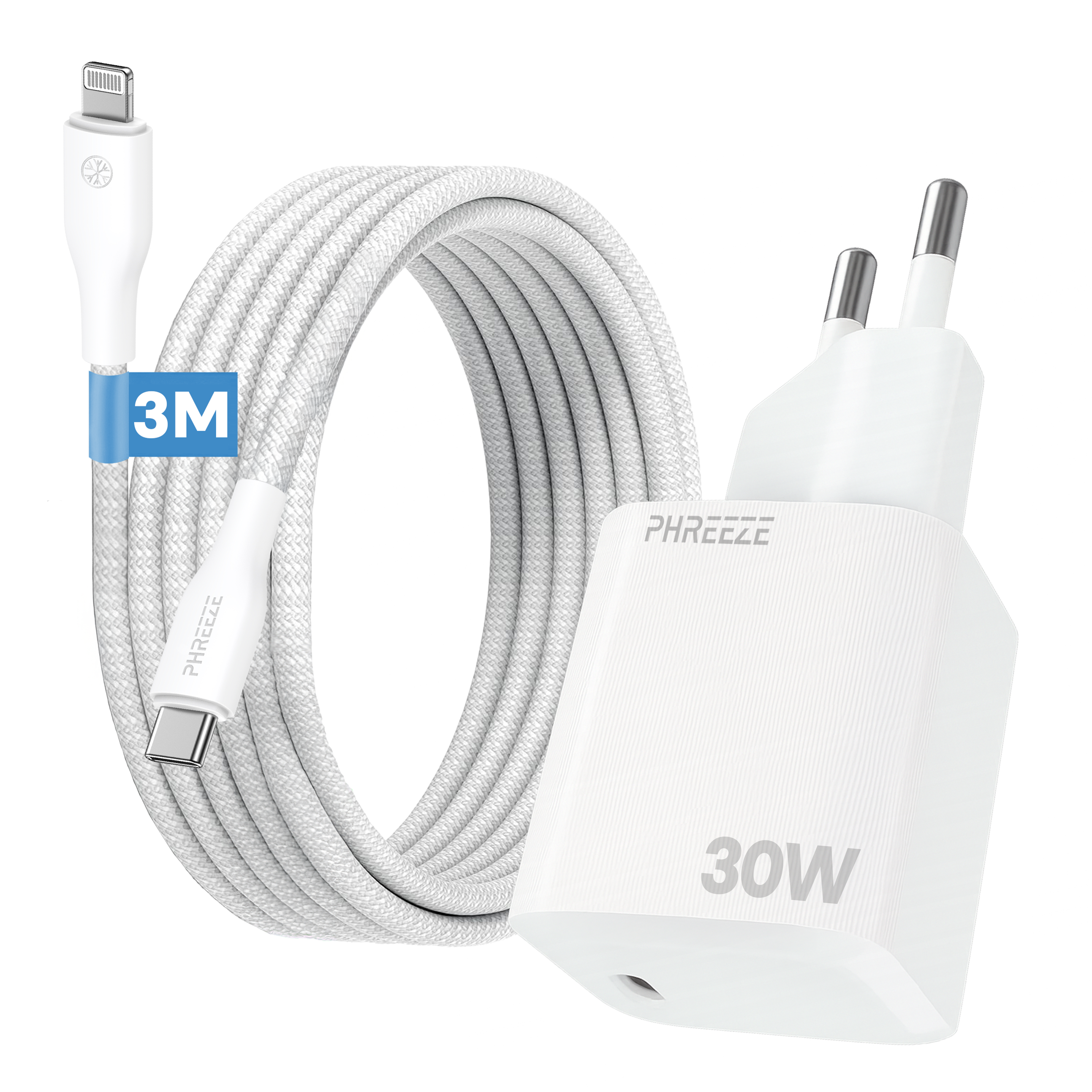 Witte oplader met kabel en stekker. De kabel is geweven. Een blauw label zegt 3M. Oplader zegt 30W.