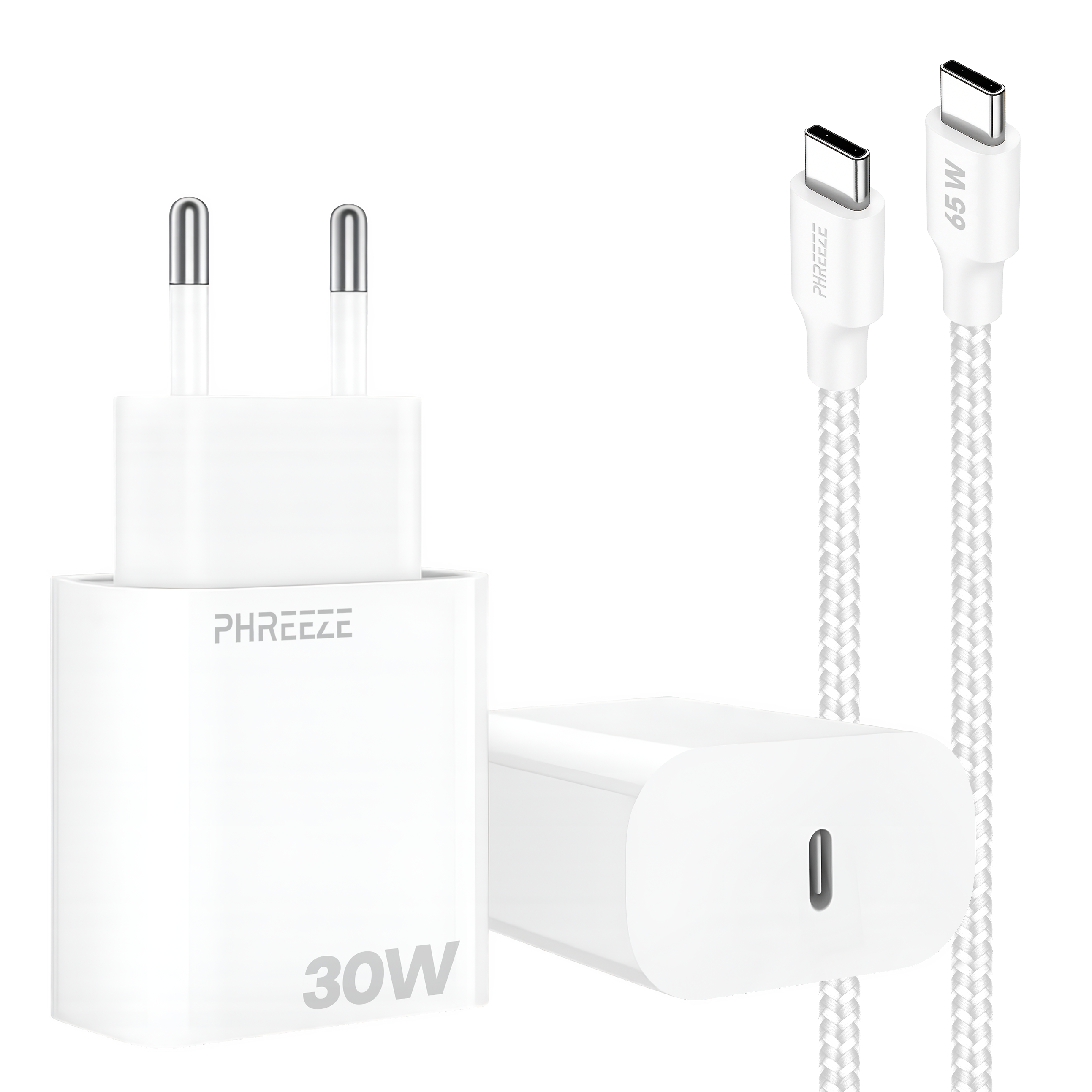 Een witte oplader met twee kabels. Eén oplader toont 30W, de andere kabels 65W. Het merk is PHREEEZE.
