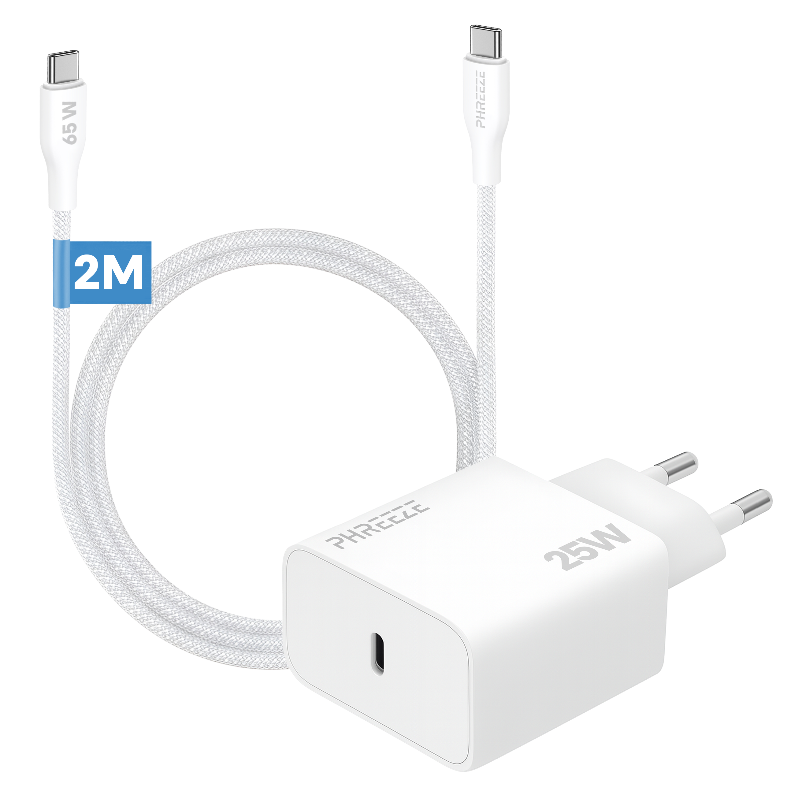 Witte oplader en kabel. De kabel is 2M lang. De oplader is 25W. De kabel is 65W.