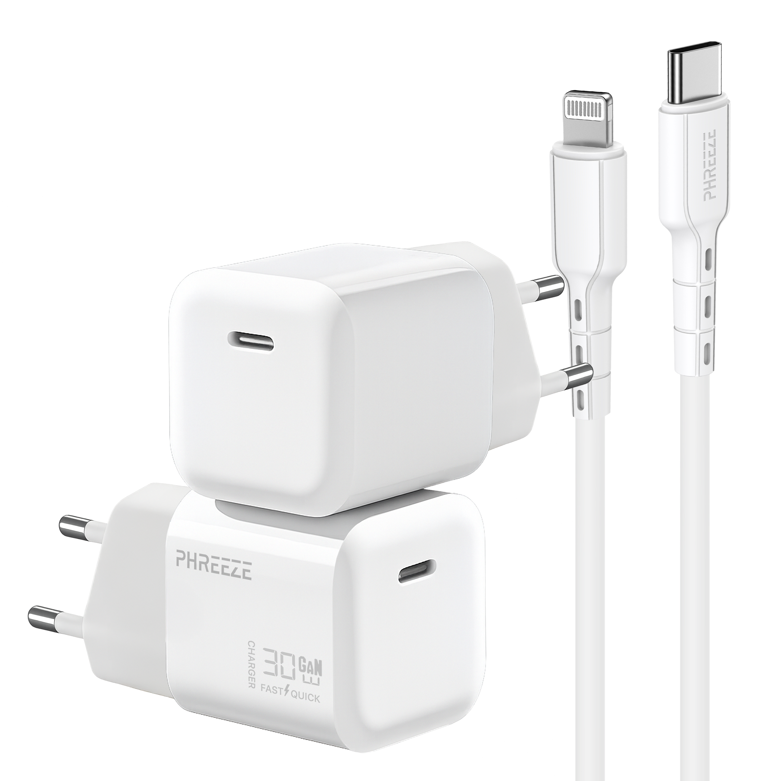 White charger with two plugs, two white cables, one with a USB-C connector and one with a lightning connector.