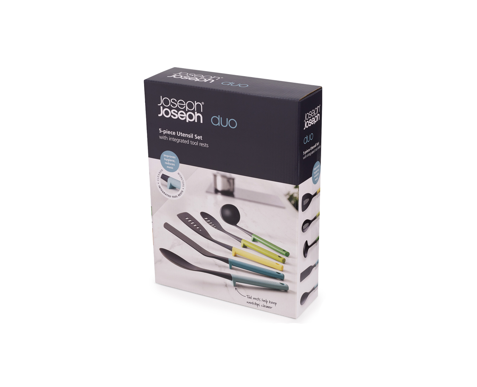 Una caja de juego de utensilios de cocina Joseph Joseph Duo de 5 piezas. La caja tiene una imagen de los utensilios y texto. Fondo blanco.