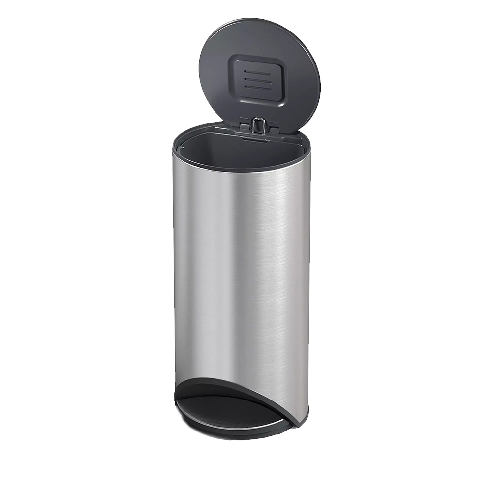 Un bote de basura de acero inoxidable con tapa gris oscuro abierta. La base es negra y el bote está sobre un fondo blanco.