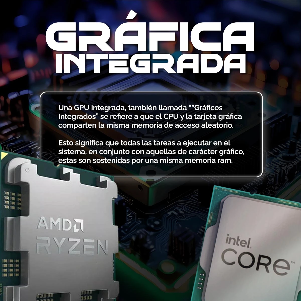 La imagen muestra un procesador con el texto 'GRÁFICA INTEGRADA'. Debajo, se ven procesadores AMD Ryzen e Intel Core.