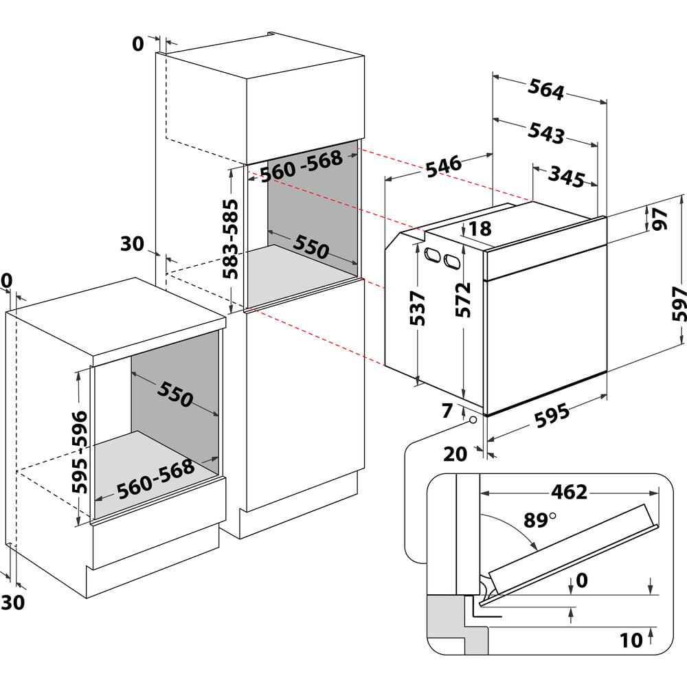 Diagramma di elettrodomestici da cucina a incasso con dimensioni in millimetri. Include forno, microonde e una vista dettagliata della cerniera.