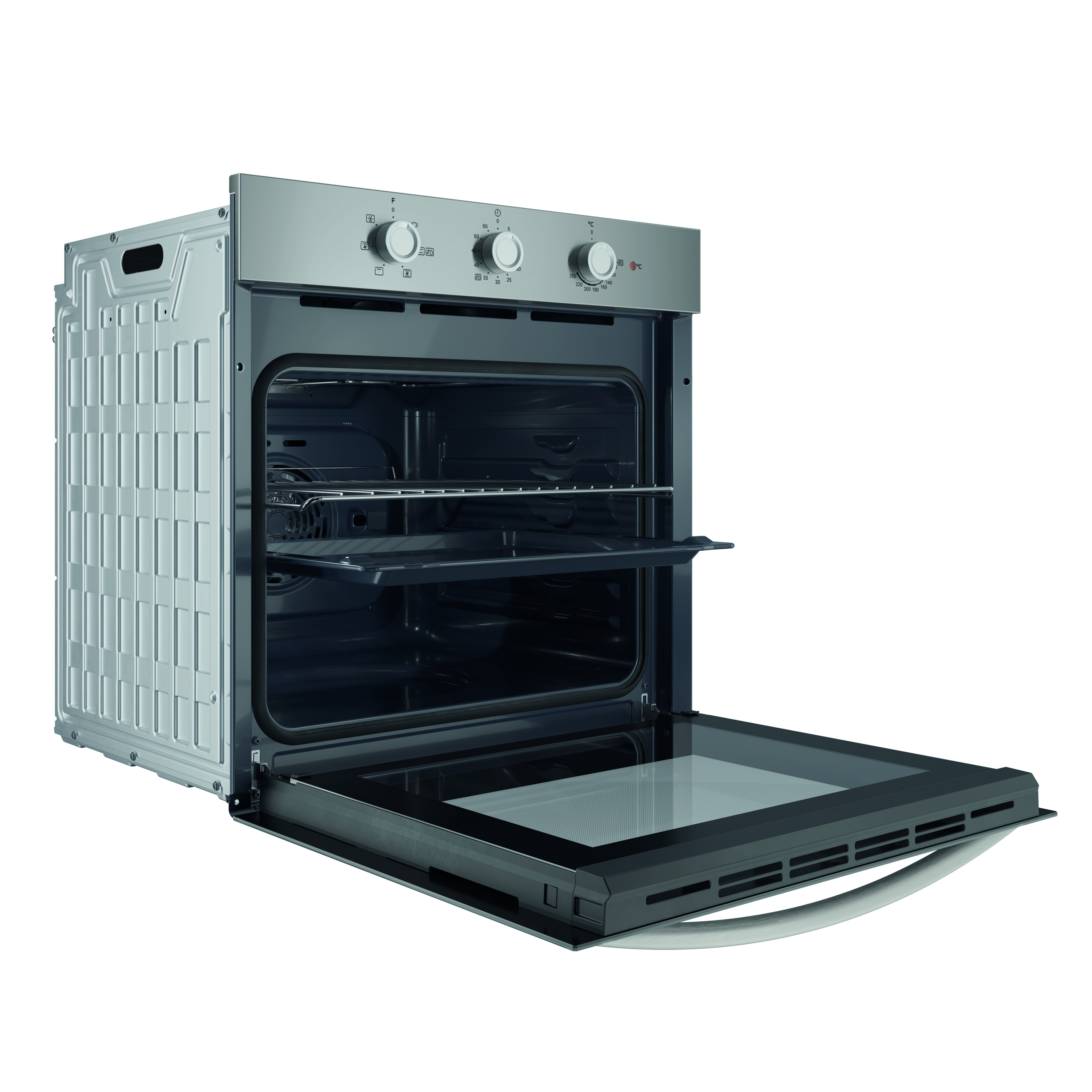 Un forno in acciaio inox con porta aperta. Manopole sopra. L'interno è scuro.