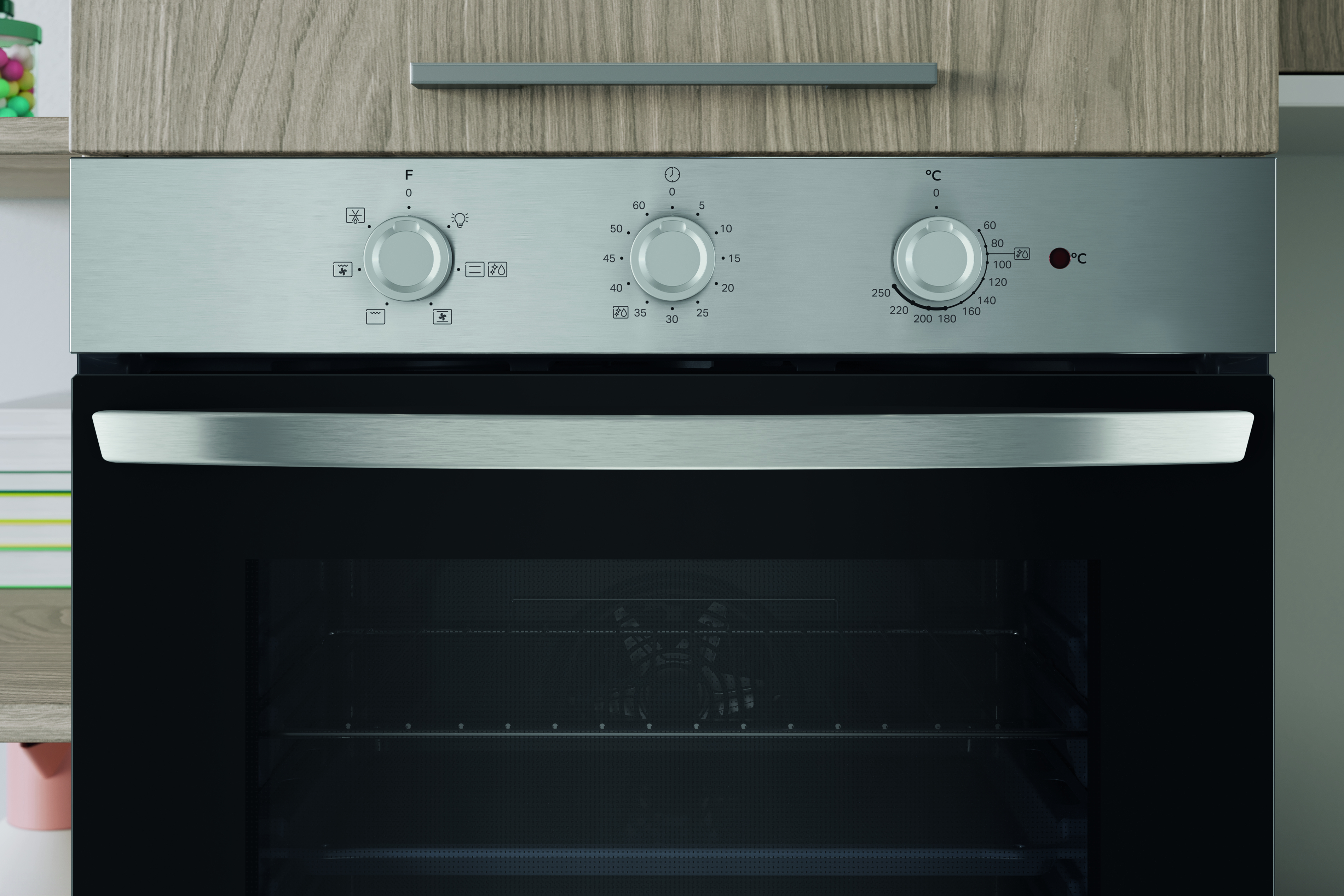 Un forno con manopole e porta a vetri. La parte superiore è in legno. Le manopole controllano funzioni e temperatura.